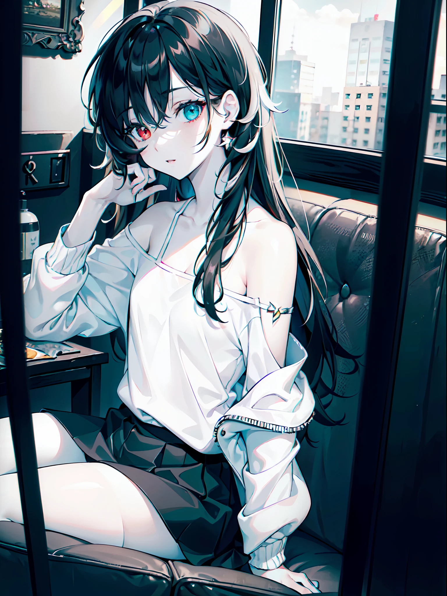 ((female)), (solo:1.2), ((masterpiece)), ((pale skin)), ((detailed eyes)), (bokeh effect), (dynamic angle), black hair, long hair, messy hair, ((heterochromia)), (interior), (off shoulder), ((casual)), (collarbone)