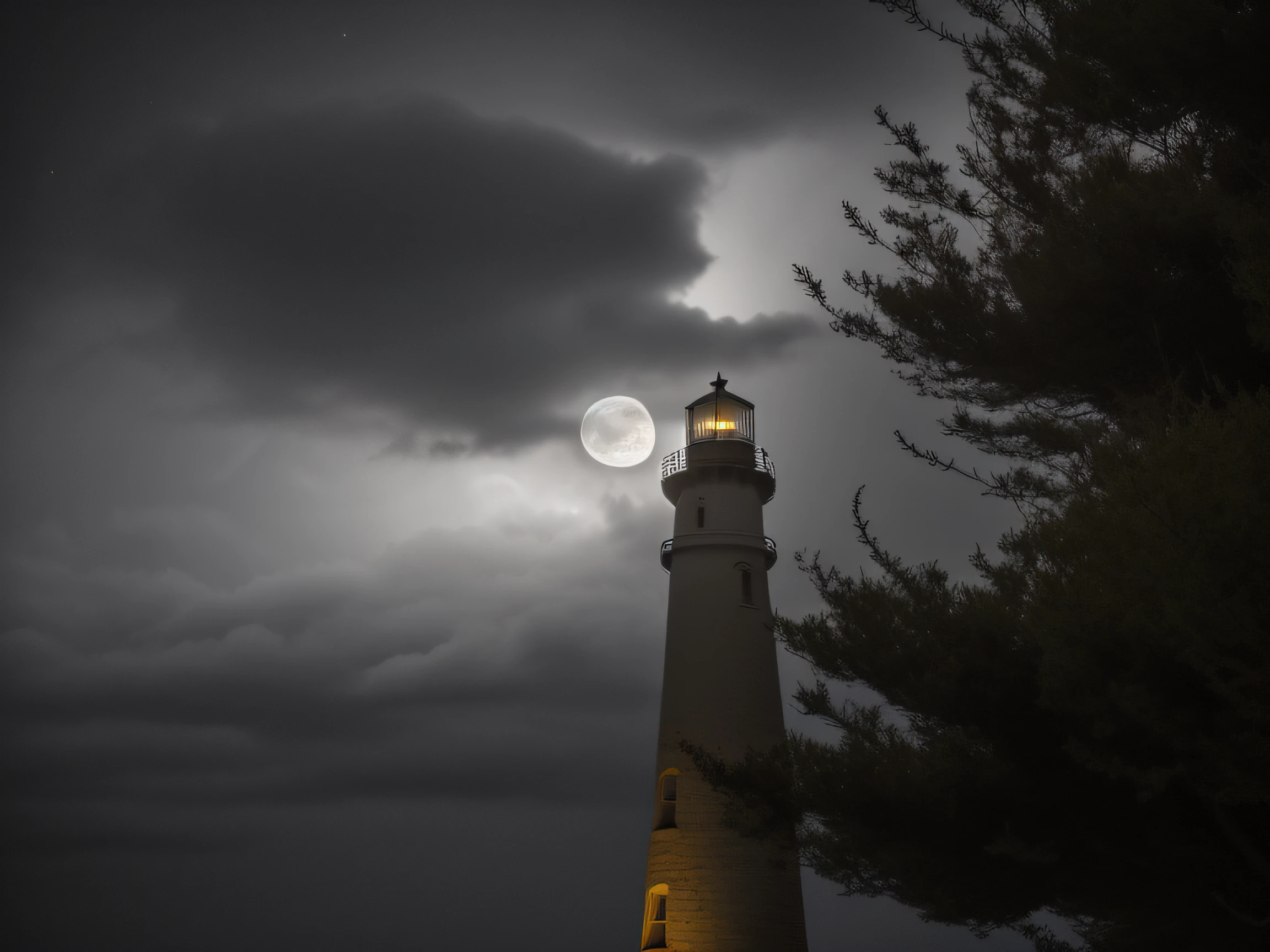 Arafard Lighthouse，Bright light shines through the clouds, photo taken at night, Chimney at night in the rain, taken with sony alpha 9, at night with full moon, Moonshine axis, at night with moon light, chimneys, chimneys, moon light in the top background, At night，under moonlight, nigth moon ligth，full moon，The chimney is slender，There are potholes in the full moon，The lighthouse lights brighten，The width of the chimney narrows