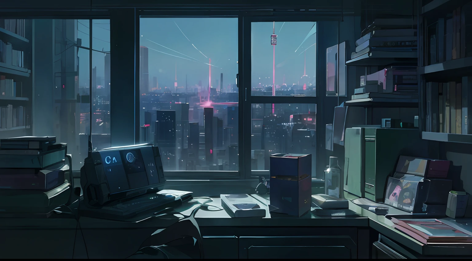 (great details), in night, The Room of the Future, ciberpunk, Indoors, dim blue-green light, Bookshelves are empty, Small frame with photo, Various items on the countertop, windows right in front of the window, The share of windows accounts for a quarter of the picture, Night view of the city outside the window, anime style 4 k, Cyberpunk anime, 4k anime wallpaper, Anime Art Wallpaper 8K, Anime style. 8K, digital cyberpunk anime art, hologram