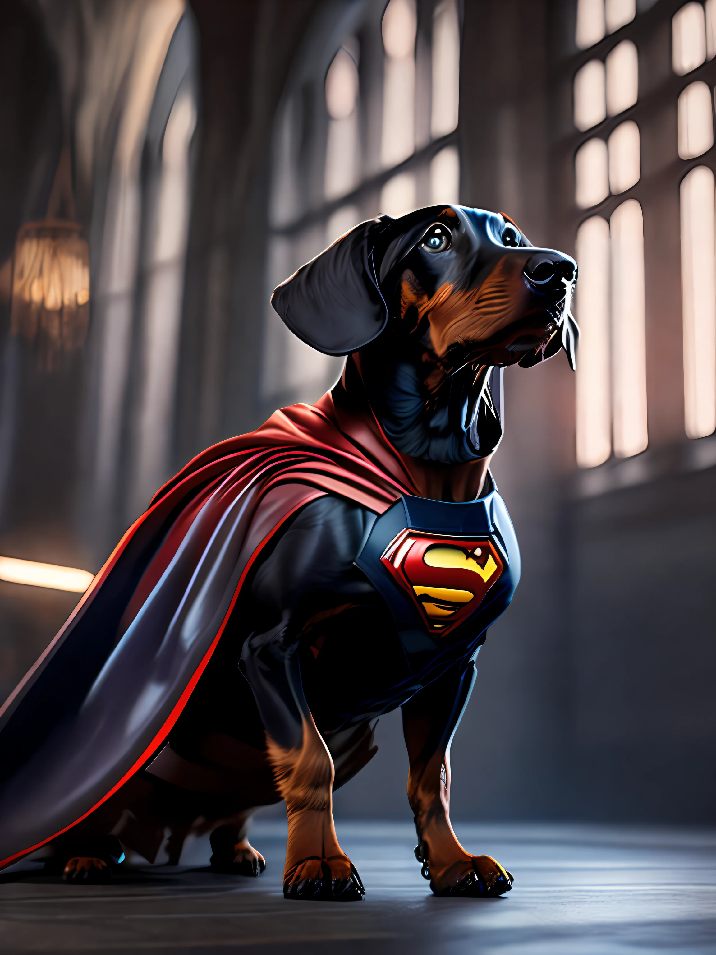 an epic super hero black Dachshund dog in a superman suit. inside a brutalist building, gothic brutalist cathedral, cyberpunk, award-winning photo, inscription "Kouklos" on its chest, realistic render, masterpiece, 8k, global illumination, ray tracing,