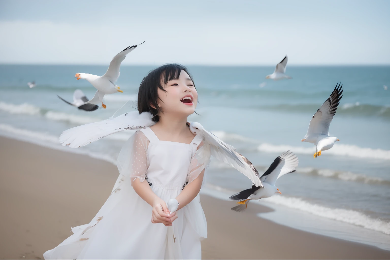 Seagulls flying on the sand