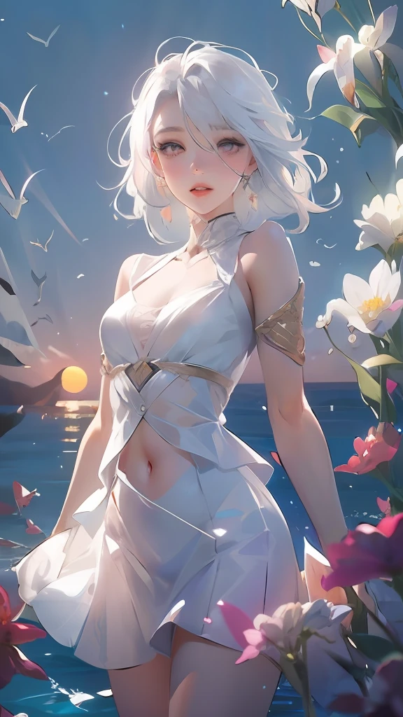 Realistic, 1girl, white hair, purple eyes, glowing eyes, cropped top, skirt, parted lips, blush, night, flowers, sun, sunlight, white skirt, short skirt, medium length hair, real, warm colors, white short Dress, white clothes, light background color, day environment, bright color background, saudi, ocean, cute,