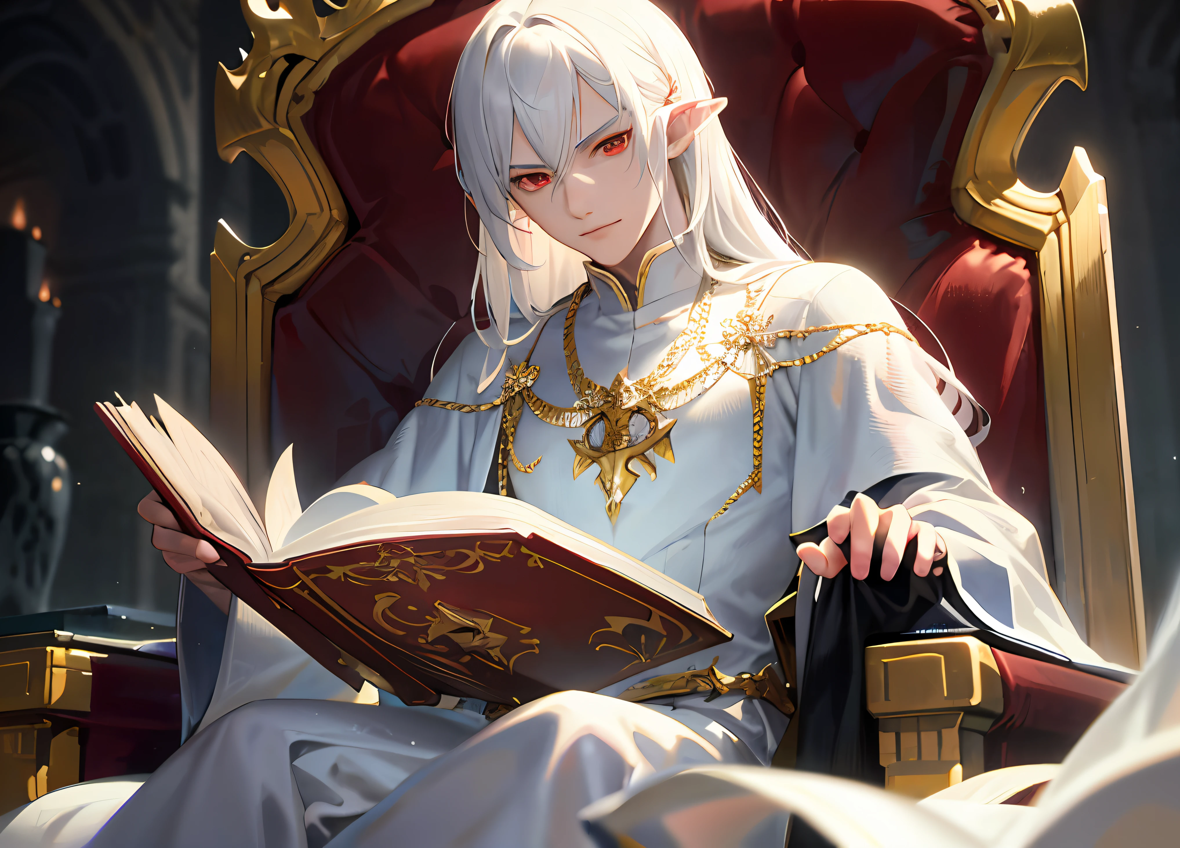 1man, male, anime, pale skin, very long hair, black hair, crimson red eyes, intricate details, best quality, elf ears, smirk, detailed face, detailed hands, holding book with one hand, library, dark, dim light, open chest, butler clothes, adult male, slim muscular, fit, look at viewer, sitting at chair, side glance, vampire features (pointy ears, pale skin, red eyes, slim body), animated, semi realism, detailed eyes, perfect features (eyes, hands), portrait image