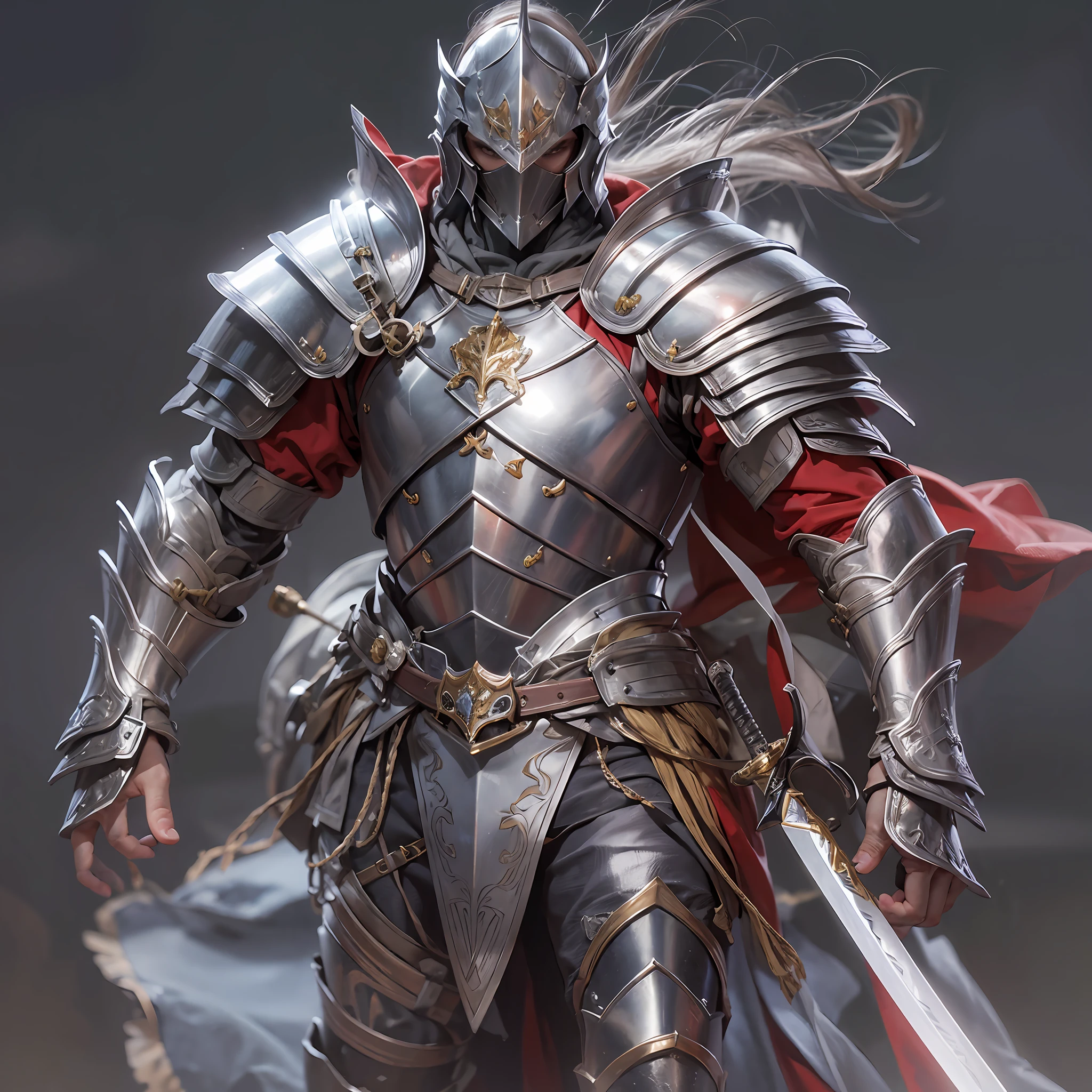 (masuter piece:1.3)、(8K、Photorealsitic、Raw photography、top-quality: 1.4)、超A high resolution、A hyper-realistic、high-detail、musculature、knights、Full body armor、Great sword、Big shield、Silver armor、Silver shield、Great Sword of White Silver、red cloak、The background is a castle