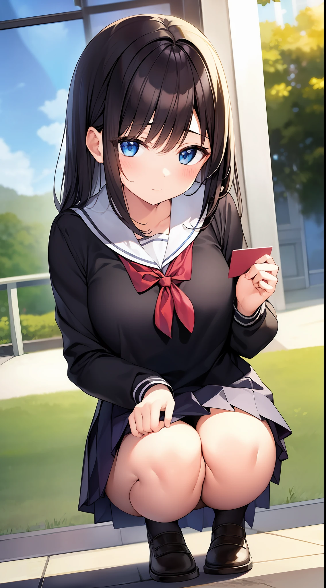 Great masterpiece、Super delicate、1girl in、hi-school girl、a miniskirt、squatting、Angle from the front、Cute anime illustration、