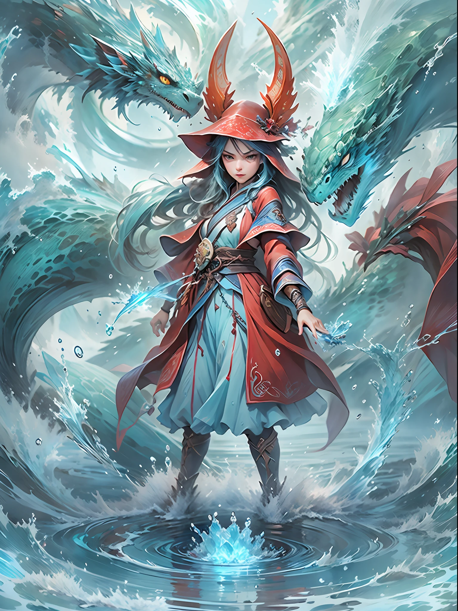 Q version 3 years old（Red robe：1.4）Baby girl standing in front of a transparent blue water dragon，crystal-clear，Eau，water flowing，drippy，Around the girl，Combines the power of water and ice elements，Create powerful ice storms，Freeze surrounding enemies and deal extensive freeze damage，high qulity，8K分辨率，tmasterpiece，Works of masters，super-fine，Water depicts details，复杂