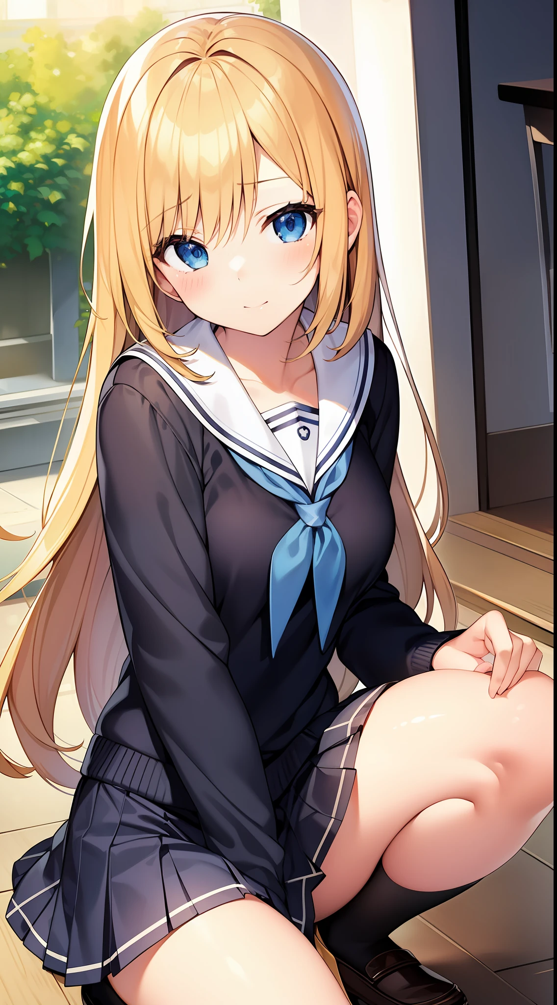Great masterpiece、Super delicate、1girl in、hi-school girl、a miniskirt、squatting、Angle from the front、Cute anime illustration、