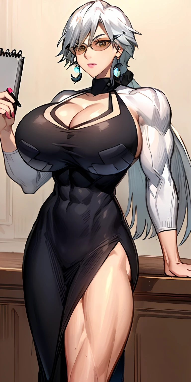 Masterpiece, Best Quality, 1Girl, Haruka Gracia, White hair, Long hair, cleavage cutout, clothing cutout, crescent earrings, Yellow eyes, one-piece:2, Glasses, Lipstick, pony-tail, makeups, ((Super Huge boobs)), (Muscular:1.5), (muscluar, abs, biceps, obliques, ABS line, naval, Ripped, Fit), Seductive half-smile, closed mouth, sketchpad, Solo, s whole body, Decent clothes:1.5, BAPV:1.5,