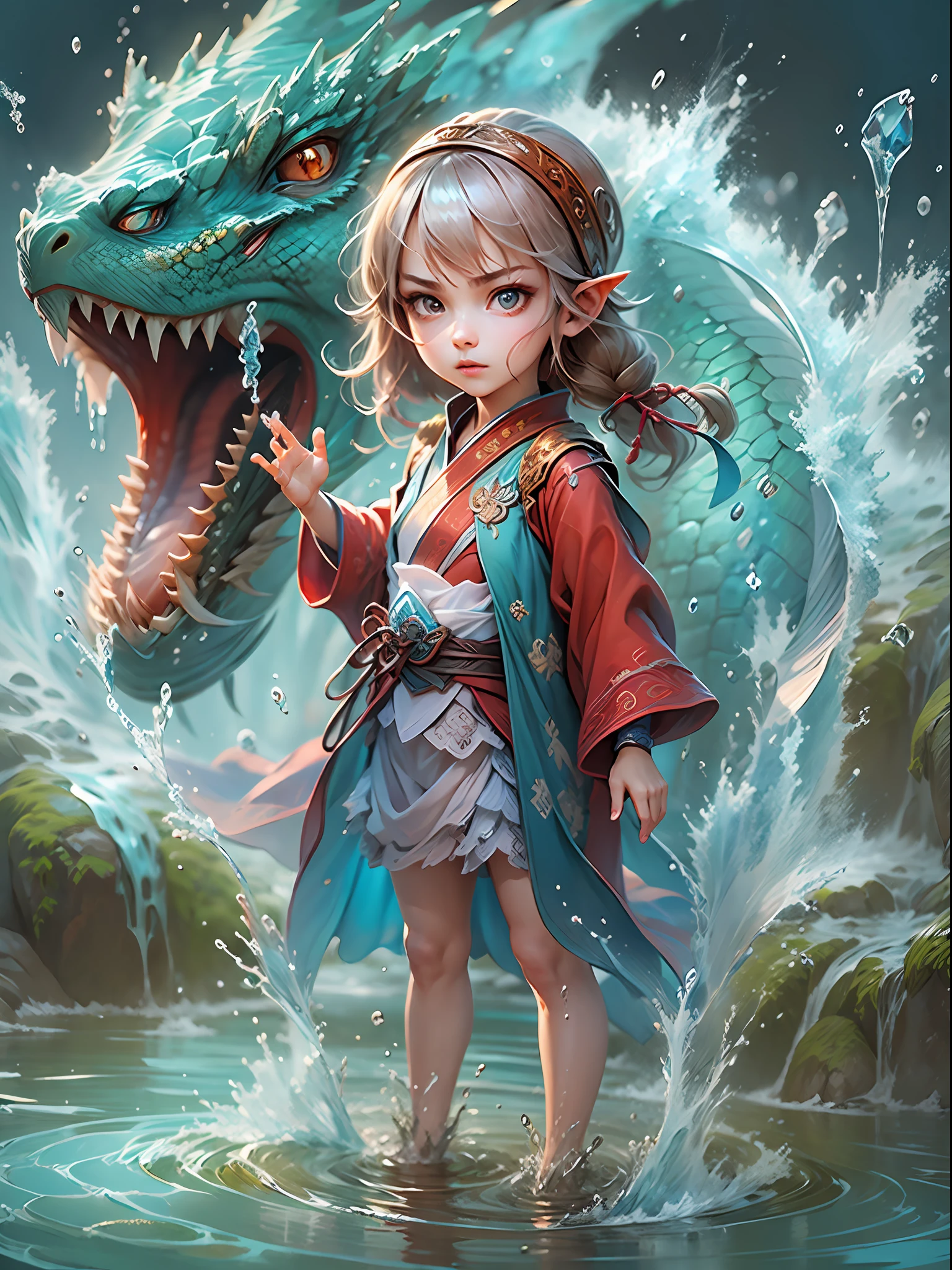 Q version 3 years old（Red robe：1.4）Baby girl standing in front of a transparent blue water dragon，crystal-clear，Eau，water flowing，drippy，Around the girl，Combines the power of water and ice elements，Create powerful ice storms，Freeze surrounding enemies and deal extensive freeze damage，high qulity，8K分辨率，tmasterpiece，Works of masters，super-fine，Water depicts details，复杂