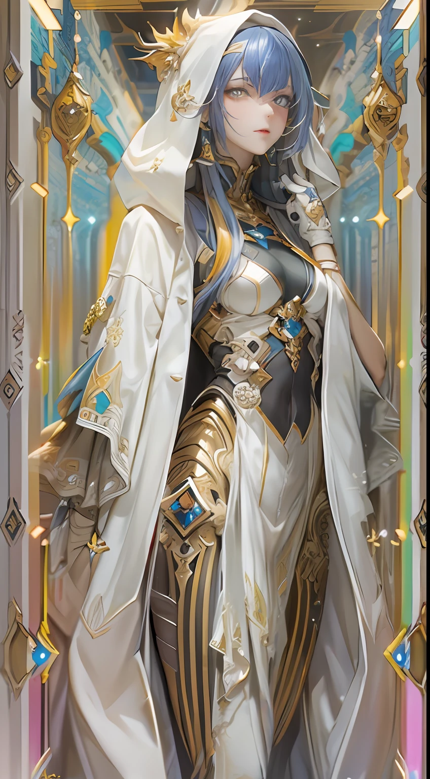 1girll），extremy detailed，（s fractal art：1.3），rich colourful，highest details，s the perfect face，The upper part of the body，HDR，（DOA：1.3），（white cloak golden lines：1.2），galaxias，（light stre），striking visual effects，（dynamic streaks，Luminous trajectory：1.2），vivd colour，