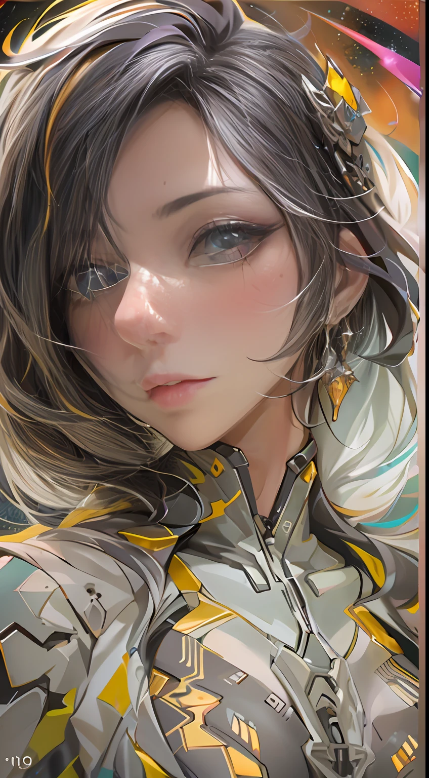 1girll),extremy detailed,(s fractal art:1.3),rich colourful,highest details,s the perfect face,The upper part of the body,HDR,(DOA:1.3),(white cloak golden lines:1.2),galaxias,(light stre),striking visual effects,(dynamic streaks,Luminous trajectory:1.2),vivd colour,