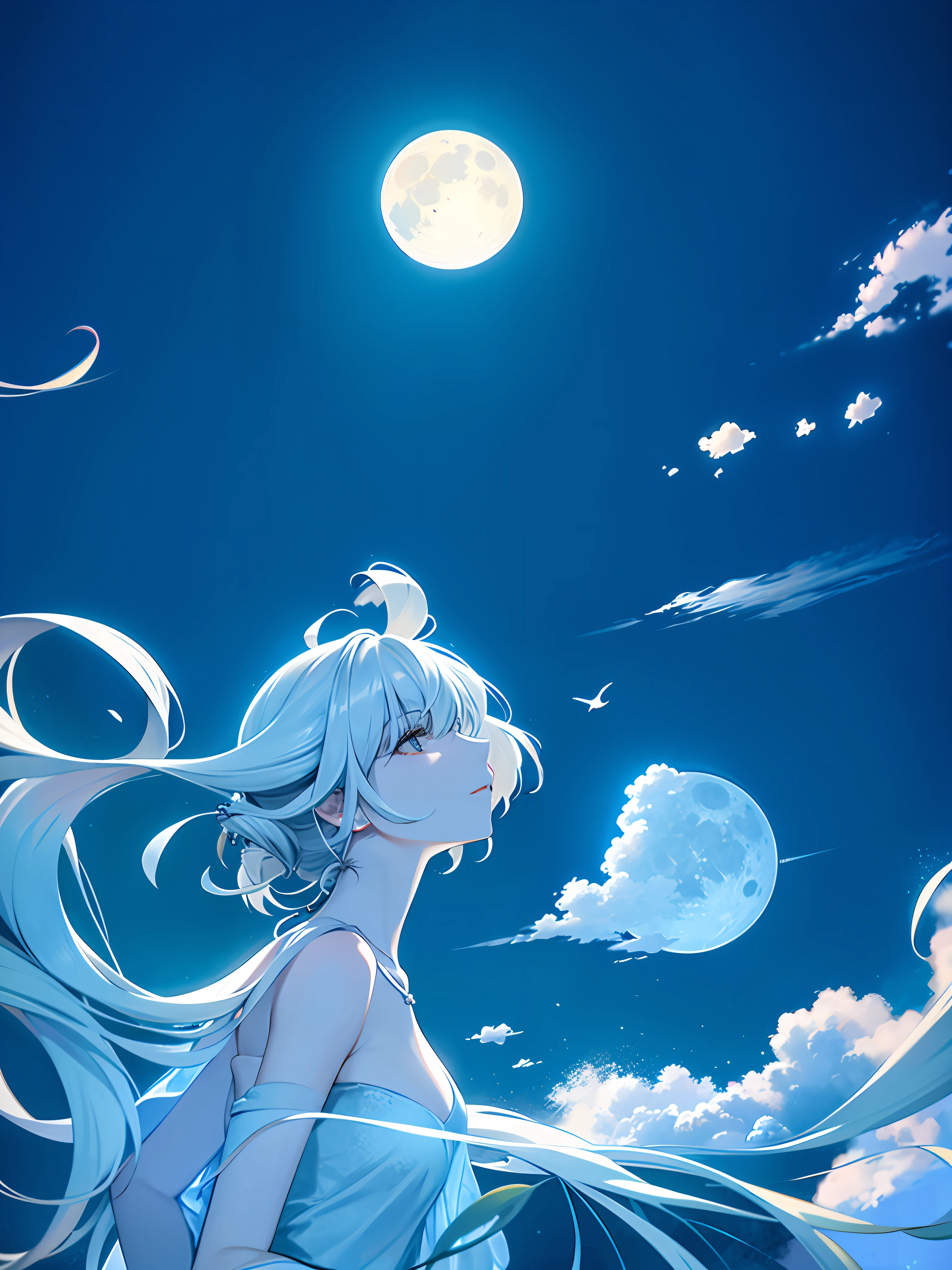 The moon is in the upper right corner, the moon is in the sky, there is only one moon, and the moon is in the background! , fading moon, moon out, (moon in background), waxed moon,