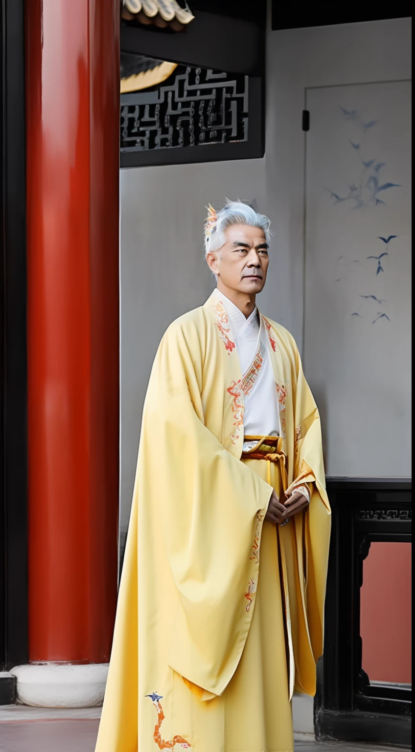 Masterpiece, Highest quality, (solofocus),, (High detail: 1.1),dojo，Yellow robe， Man, chinese crown, 1人,and white hair,超高分辨率 , Detailed background, Realistic lighting, wearing a detailed and intricate xianxia antique outfit