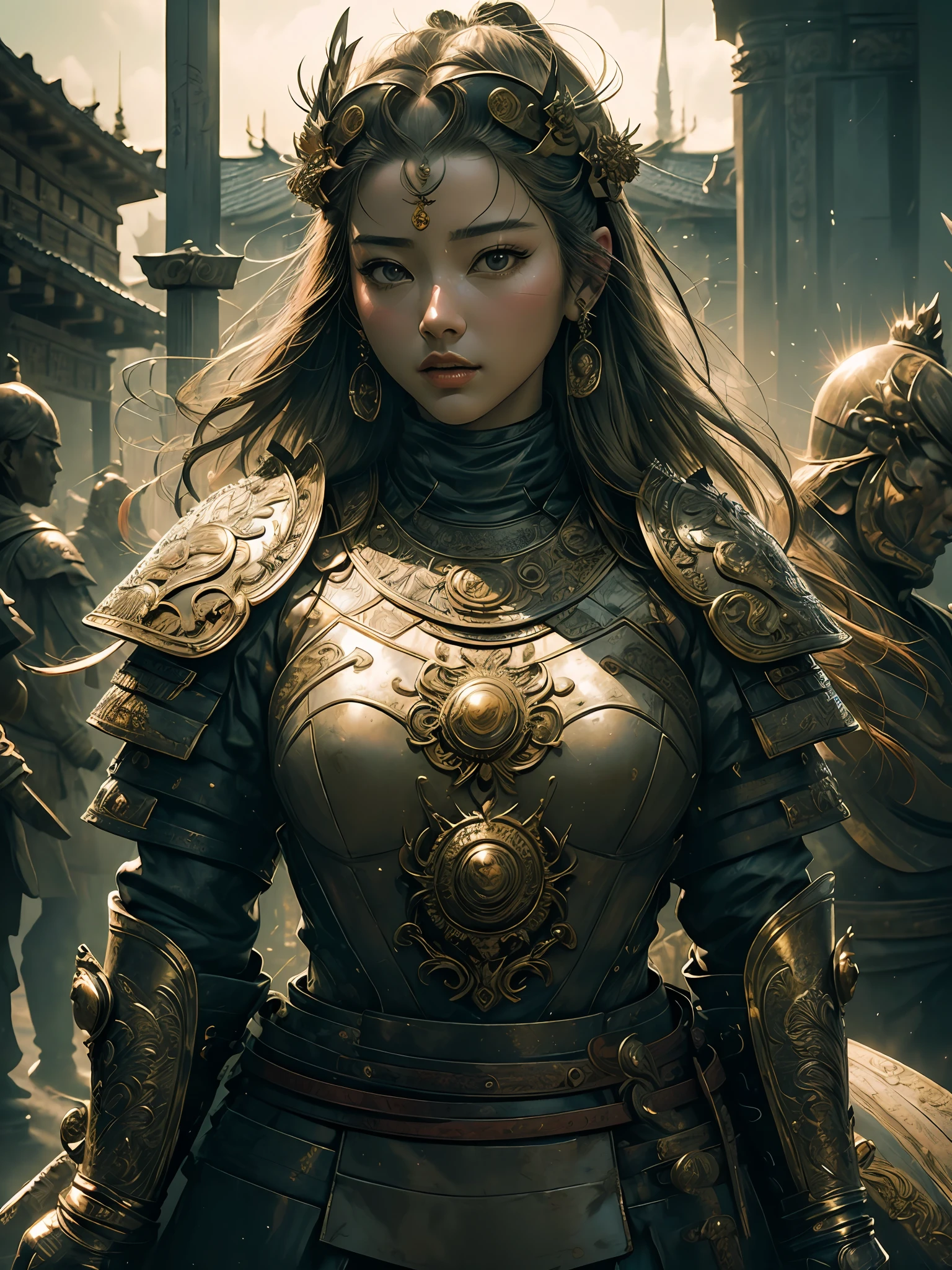 ((masterpiece))), (((best quality))), ((ultra-detailed)), (hyperrealistic), (highly detailed photo), natural lighting, photorealistic, extremely beautiful young lady, light makeup, intricate detailed eaba, samurai, shining, gloss, crisp, flirty, statues, epic, focus, high contrast