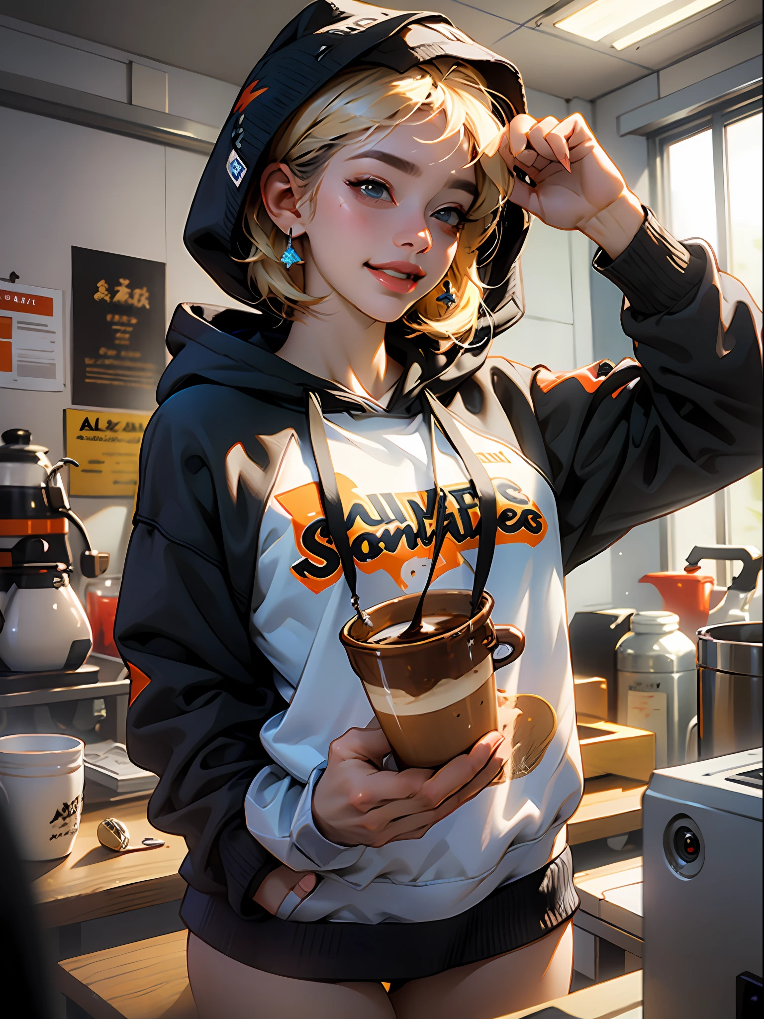 Naked hoodie, nijistyle, Uma garota com uma blusa de moleton aberta mostrando os seios grandes e empinados, preparing coffee for your girlfriend, sorriso malicioso, cena sexy, lesbian, naked hoodie, nijistyle, (( melhor qualidade )), (( obra-prima))