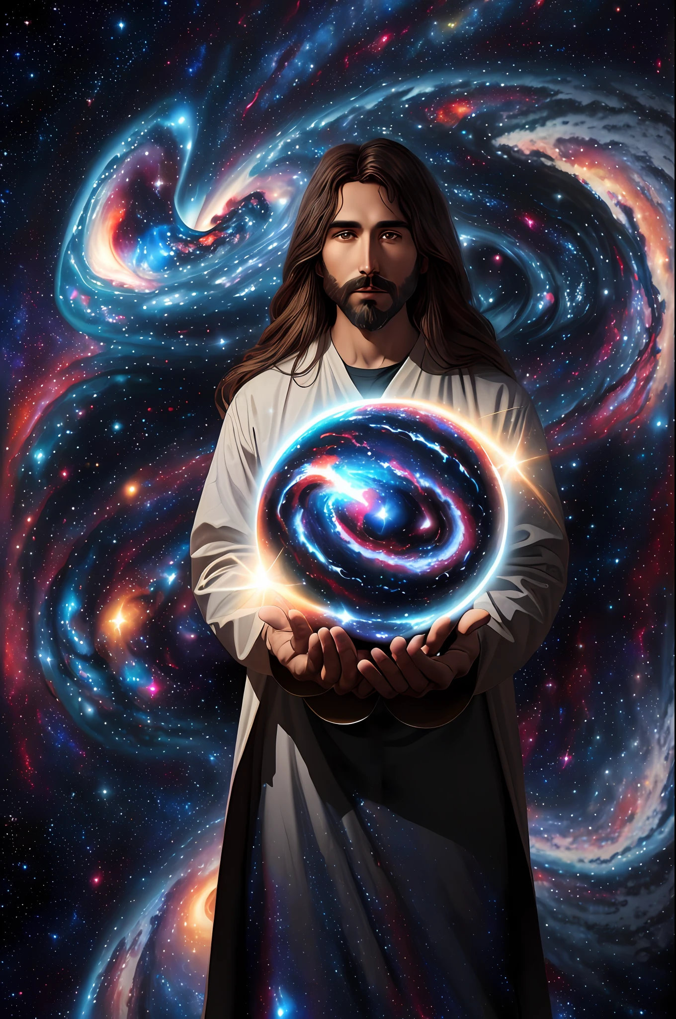 (Jesus Christ, (creator of galaxies + galaxies in the background:1.2), (Planet Earth:0.8)) with the world in the palm of his hands.