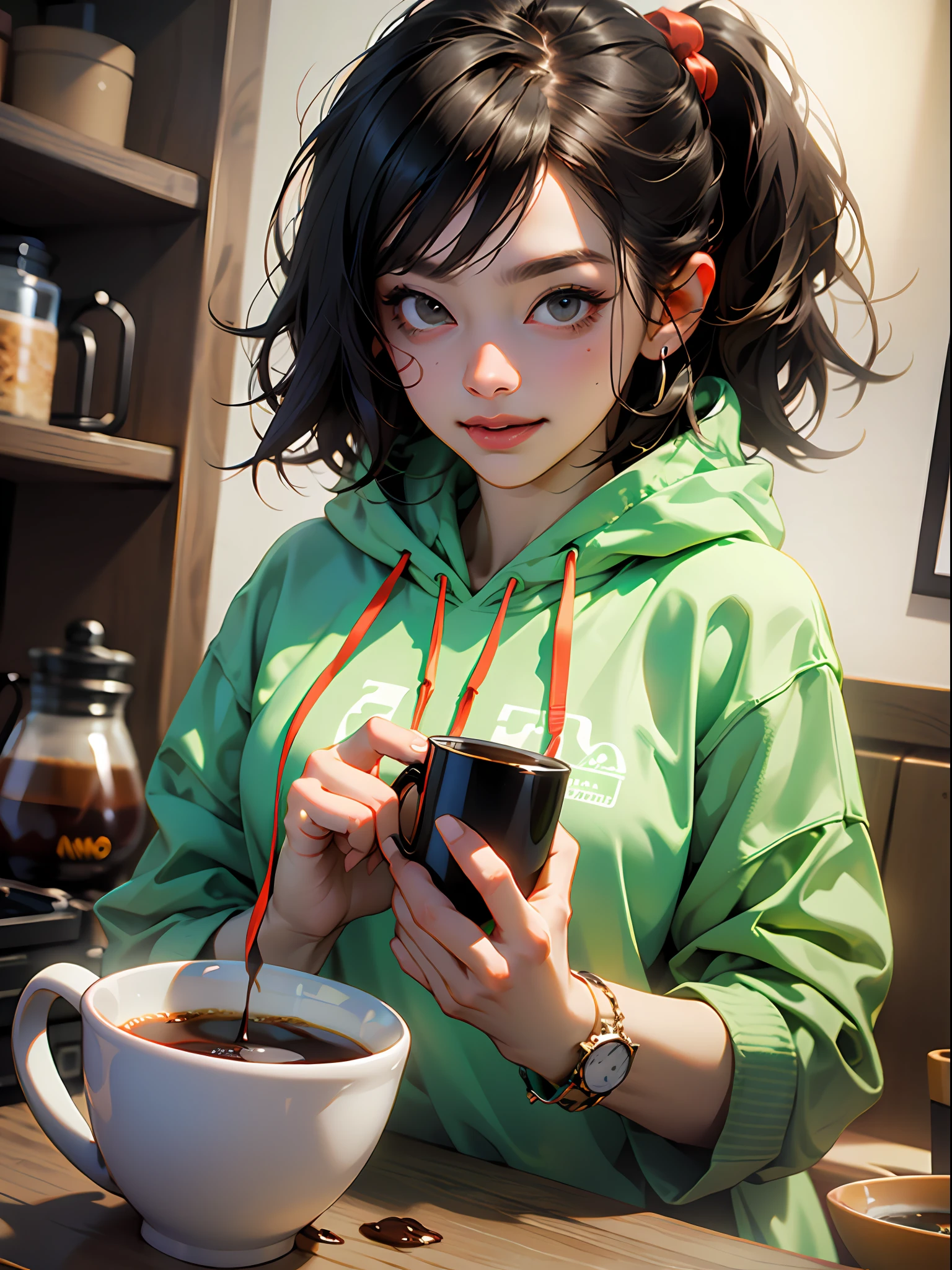 Naked hoodie, nijistyle, Uma garota com uma blusa de moleton aberta mostrando os seios grandes e empinados, preparing coffee for your girlfriend, sorriso malicioso, cena sexy, lesbian, naked hoodie, nijistyle, (( melhor qualidade )), (( obra-prima))