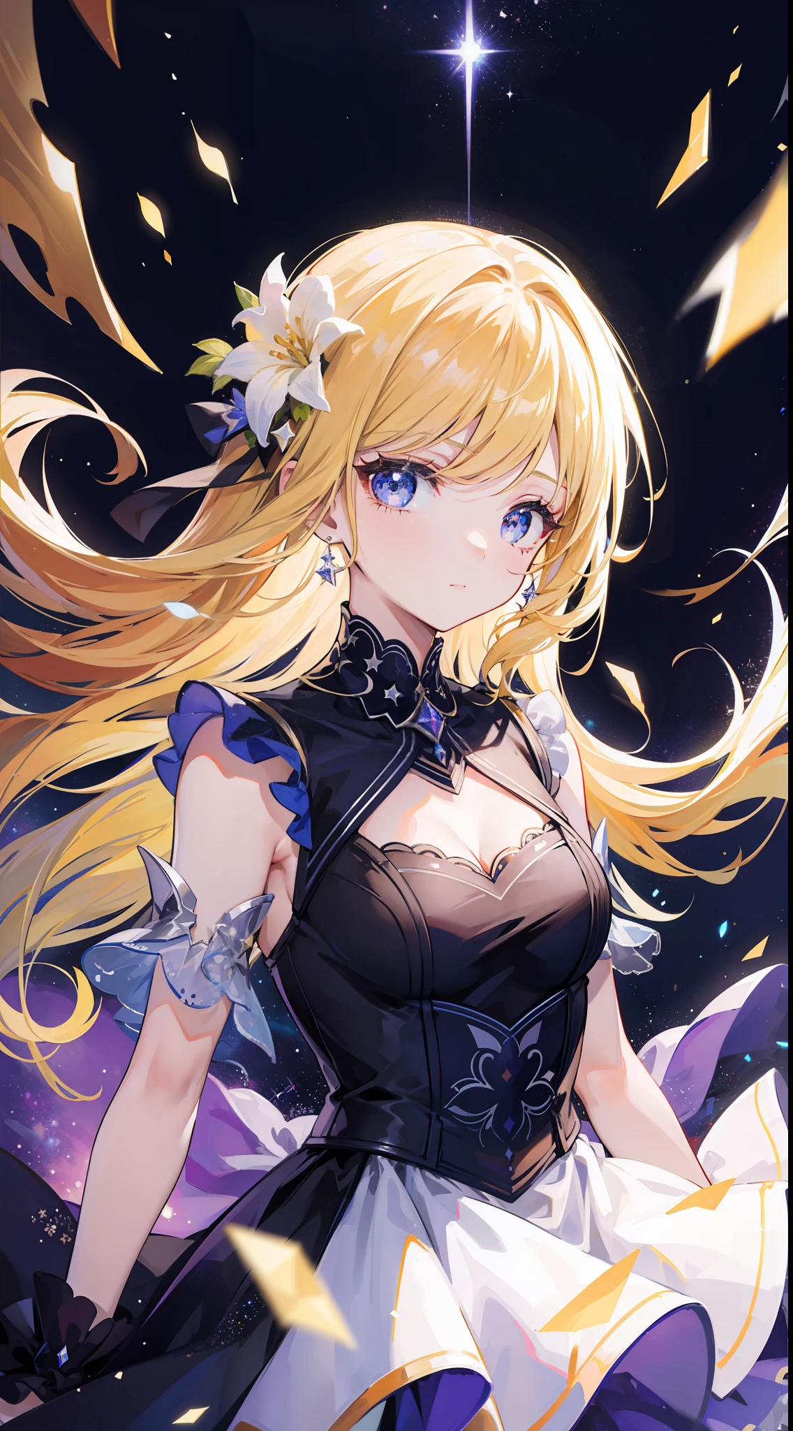 (best quality, masterpiece), 1girl, galaxy, glitter, dress, particle, wind, flower, upper body, dark simple background, looking at viewer, blonde,