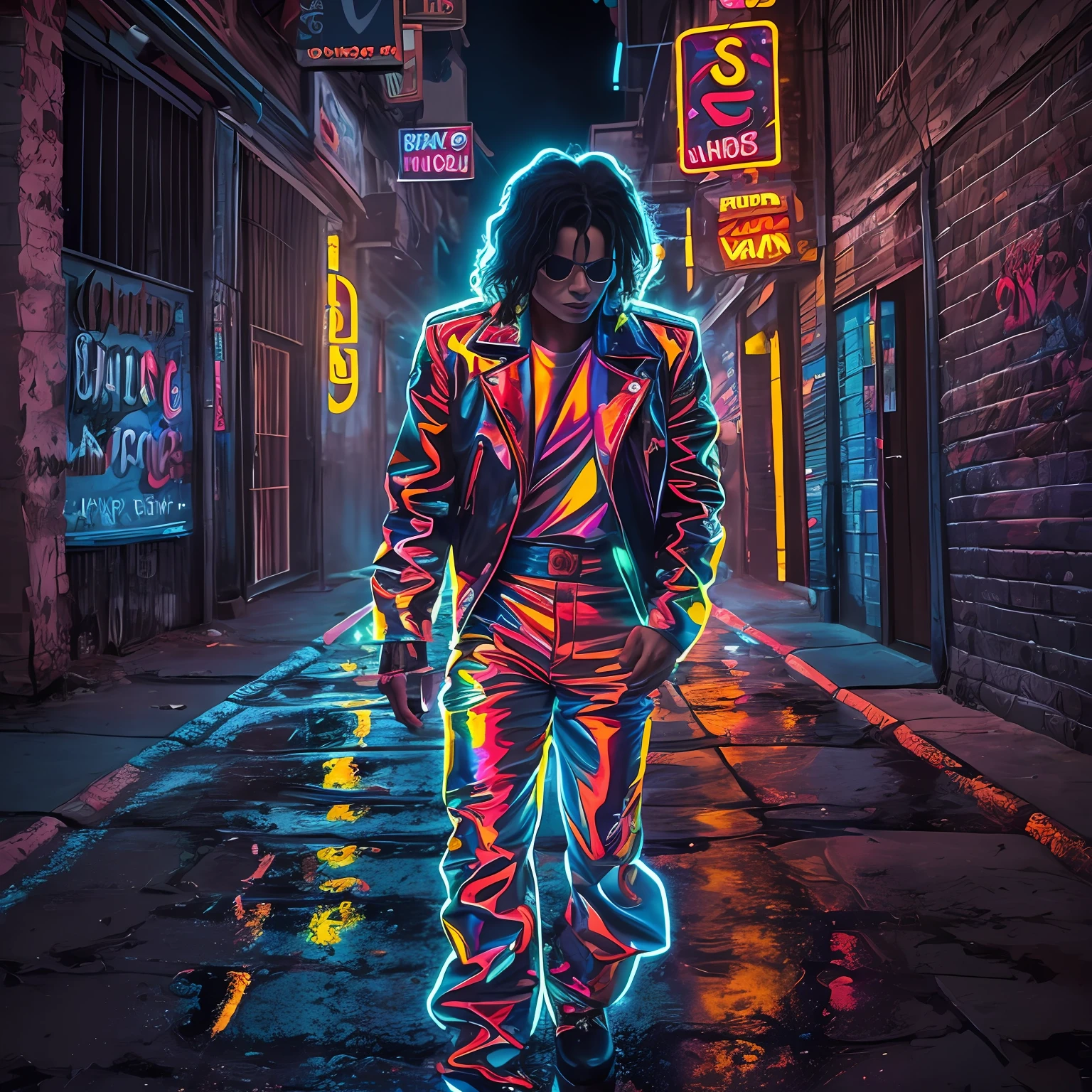 Stylized image of Michael Jackson wearing the iconic outfit from Billie Jane's music video, Stand on the glowing sidewalk in a dark alley, Surrounded by shadows and neon lights.

Michael Jackson appears in the image, Wear the iconic costume from Billie Jane's music video. He stood on the glowing sidewalk in a dark alley, Surrounded by shadows and neon lights. Stylization of images, Bold lines and vibrant colors capture the energy and mood of a music video.

--AR 16:9 50 --s 2