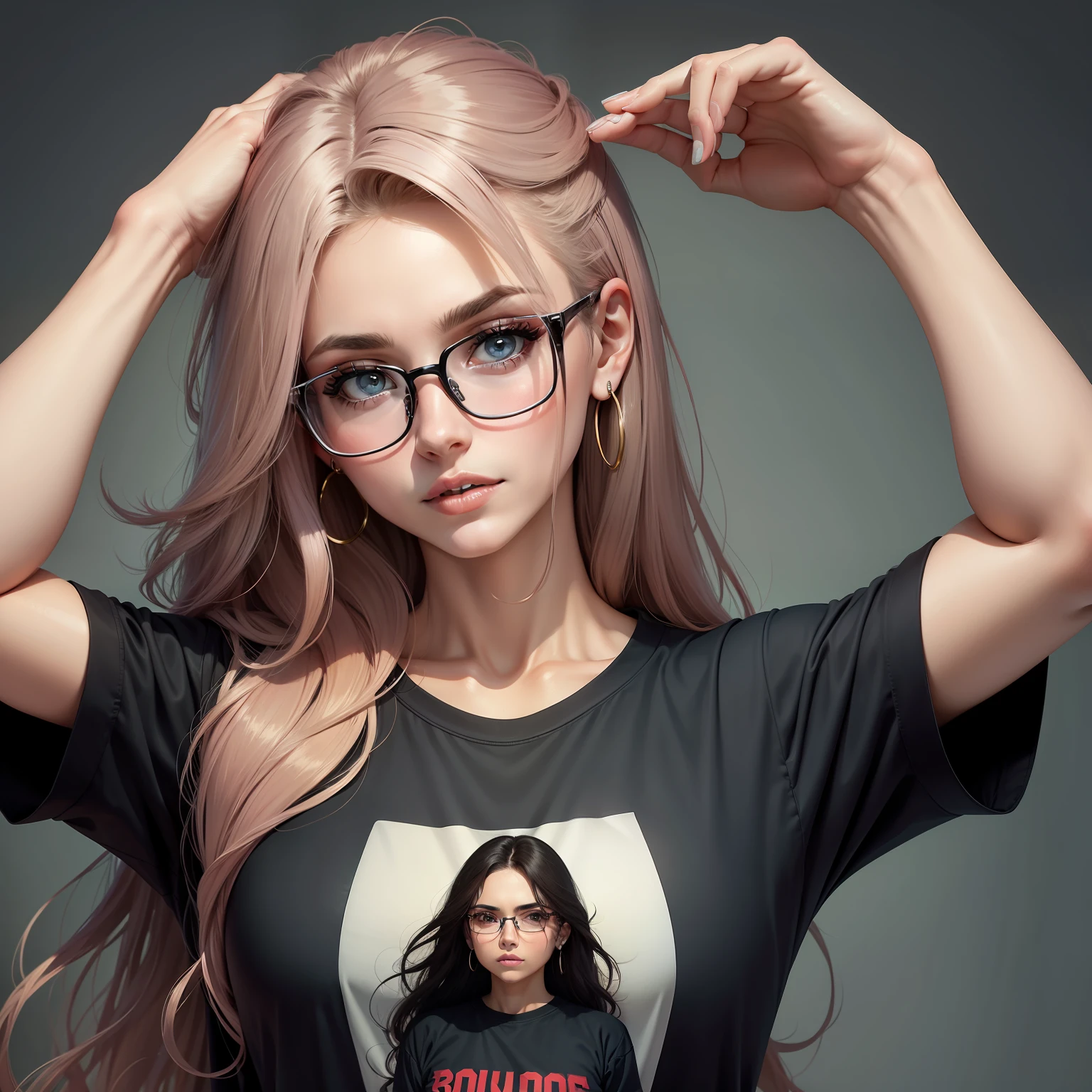 Mulher de cabelos dourados, Eyeglasses, olhos azuis, camiseta grande com estampa de banda de rock