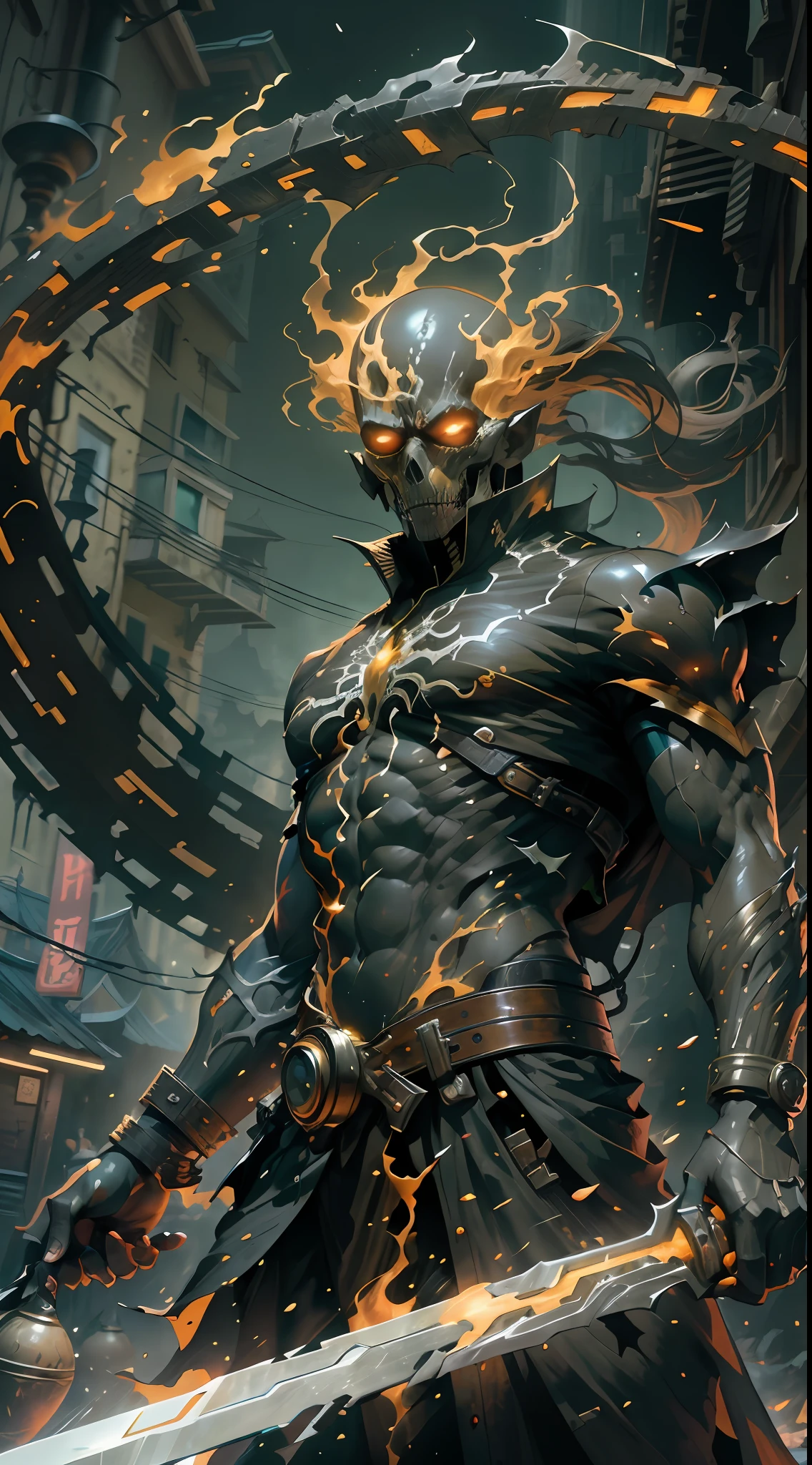 a close up of a person in a costume with a sword, detailed game art illustration, detailed game art, heavy metal armor, ghost rider, dan mumford. 8 k octane render, ultra detailed game art, cyberpunk skeleton, detailed digital concept art, cyberpunk flame suit, background artwork, octane. trending on artstation, detailed digital 2d fantasy art, (1VENOM men:1.3), solo,__body-parts__, official art, unity 8k wallpaper, ultra detailed, handsome and aesthetic, beautiful, masterpiece, best quality, RAW, masterpiece, super fine photo,, best quality, super high Resolution, photorealistic, sunlight, full body portrait, stunningly handsome,, dynamic pose, delicate face, vibrant eyes, (side view), he is wearing a "ancient myanmar god ghost rider"(venom) mech design, glaze and thunder, Highly detailed abandoned photostudio background, detailed face, detailed complex busy background, messy, gorgeous, milky, high detailed skin, realistic skin details, visible pores, sharp focus, volumetric fog, 8k uhd, dslr camera, High quality, film grain, fair skin, photorealism, lomography, sprawling metropolis in a futuristic dystopia, view from below, translucent, mythology, attractive male deity, asura from myanmar myth, puṣkaracūḍa, kuntilanak on bayan tree, indian god, bodhisattva, apsaras warrior, nagas, hindu god, naga-hakash, naga, artstation, illustration, arte conceitual, smooth and sharp focus, arte de John Collier e Albert Aublet e Krenz Cushart e Artem Demura, circunstanciado, intrincado, Foto premiada, BLN-L24, exposure, Alto contraste, 8k 3D, cinematic lighthing, drawing, (night:1.4), (magical alleyway with lots and lots of intricate shops, large cauldrons, smoke, haze), (curving cobbled street:1.6), soft magical lighting, glowing trinkets, high quality, 2k, 4k, 8k, hd, pixiv. artstation, dynamic lighting, (golden hour:0.8), (bloom:1.4) intricate details