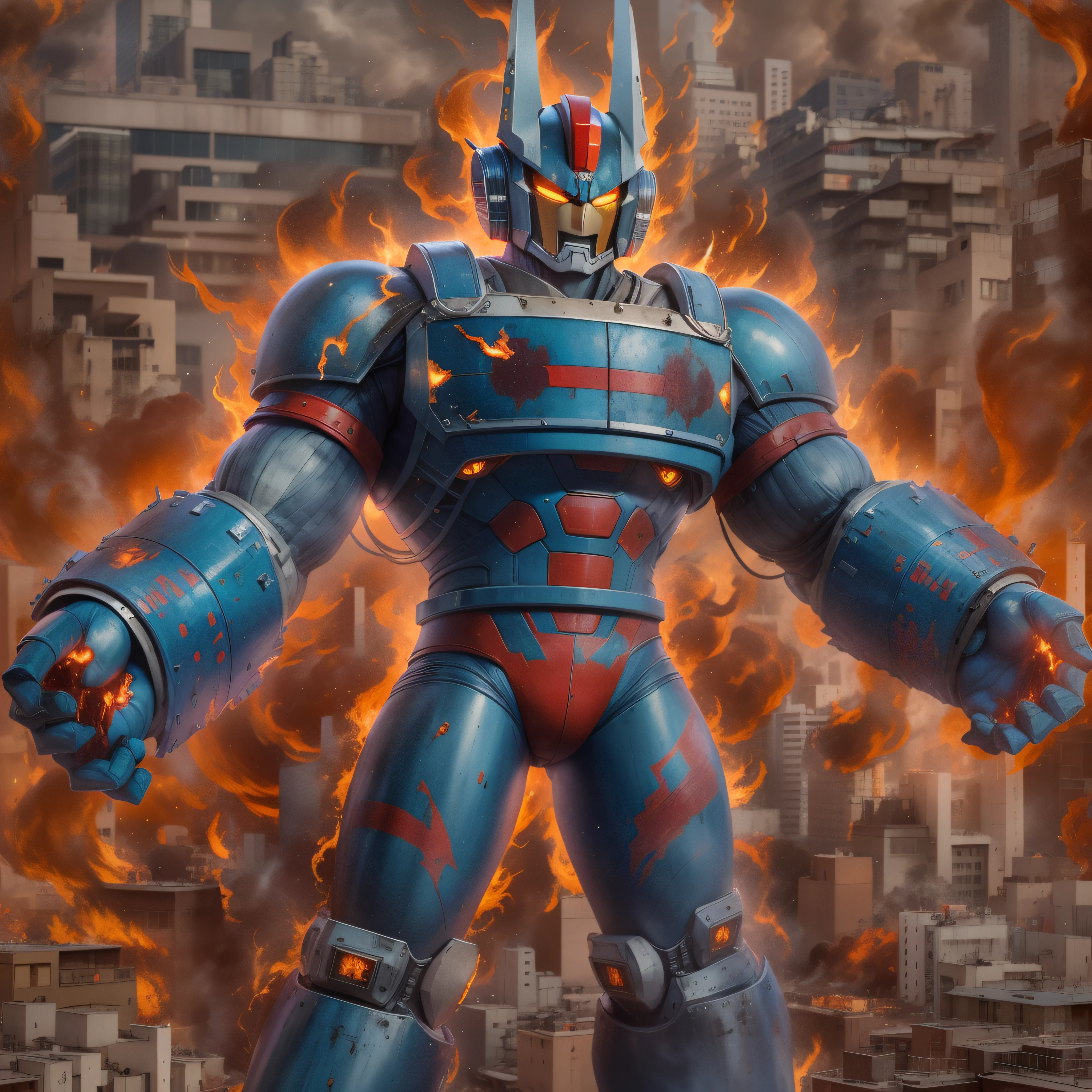 An incredible color aerial view daguerrotype of realistic looking Mazinger Z. a towering giant robot, standing at 20 meters tall. It boasts a powerful and robust frame, adorned with vibrant red and blue colors. Its head features a horn-like crest and glowing eyes. With rocket-powered fists and energy-based laser cannons, it's a formidable force. Dynamic visual effects, like flames and sparks, highlight its immense power. It represents strength, courage, and unwavering determination in the face of adversity. He is fighting against a Kaiju, a horrid intergalactic outer space foul ogre in the middle of Tokio, Japan, in 1973. You can see the perfect details in his body made of a rare metal alloy. Encaustic