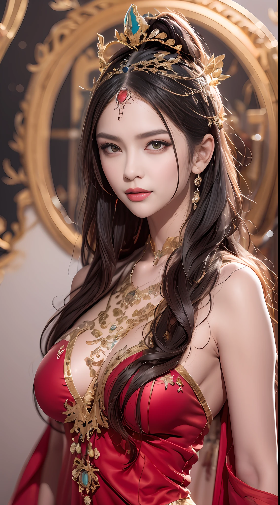 Portrait of a young 20-year-old saint, a saint with a beautiful and super cute face,Wearing a thin red dress with gold edging and glittering and , diamond dress, beautiful cute face, Ao dai with a deep slit in the chest and attractive black and white lace trim, beautiful face without blemishes, Lovely smile, ((7-color hair length:1.2)), big crown, hair brooch, hanfu dress, chinese ancient style, full body jewelry, forehead tattoo, The female saint's breasts are round and very full, breast augmentation, innocent face, The most beautiful and detailed light red lipstick, ((Thin plump lips:0.3)), ((Golden eyes:1.2)), The eyes are delicately decorated,(white and detailed) cinematic, light and dark, dramatic lighting, magical light, extremely detailed light, true color, super sharp, realistic, 8k quality, fantasy universe background, saints and magical space, the most detailed images, Solo, a saintess, ((looking directly at the saint's upper body:0.4)), ((smooth skin:0.5)), Extremely detailed pixels, super true, extremely detailed and complex graphics, the highest resolution,