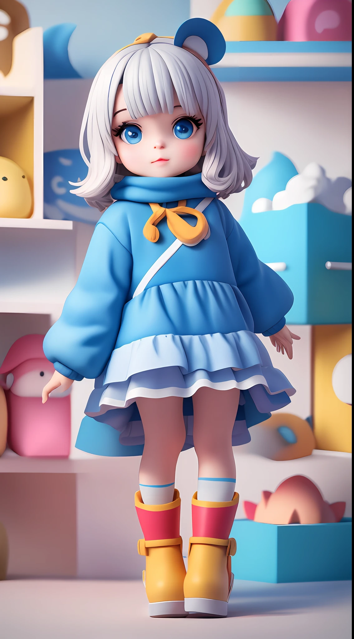 uma menina super bonito, usando um vestido azul, usando botas, grandes olhos lacrimejantes, corpo inteiro, olhando para o espectador, cabelo loiro, hands open, MD roupas, rugas de roupa, fundo limpo, sonhado, pop mart, alto detalhe, hiper qualidade, cor brilhante, mockup brinquedo caixa cega, estilo disney, brilho fino, render 3D, oc render, melhor qualidade, brilhante, frontlighting, face shot, brilho fino, ultra detoiled, 8k,