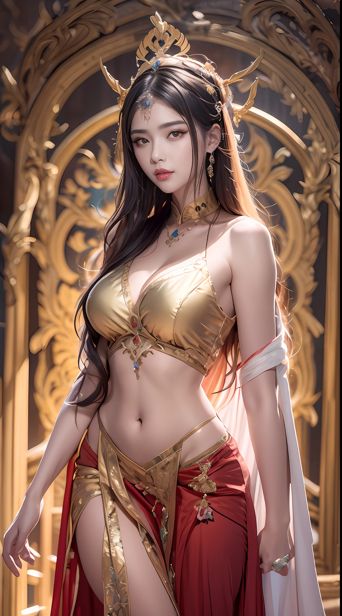 Portrait of a young 20-year-old saint, a saint with a beautiful and super cute face,Wearing a thin red dress with gold edging and glittering and sexy, diamond dress, beautiful cute face, Ao dai with a deep slit in the chest and attractive black and white lace trim, beautiful face without blemishes, Lovely smile, ((7-color hair length:1.2)), big crown, hair brooch, hanfu dress, chinese ancient style, full body jewelry, forehead tattoo, The female saint's breasts are round and very full, breast augmentation, innocent face, The most beautiful and detailed light red lipstick, ((Thin plump lips:0.3)), ((Golden eyes:1.2)), The eyes are delicately decorated,(white and detailed) cinematic, light and dark, dramatic lighting, magical light, extremely detailed light, true color, super sharp, realistic, 8k quality, fantasy universe background, saints and magical space, the most detailed images, Solo, a saintess, ((looking directly at the saint's upper body:0.4)), ((smooth skin:0.5)), Extremely detailed pixels, super true, extremely detailed and complex graphics, the highest resolution,