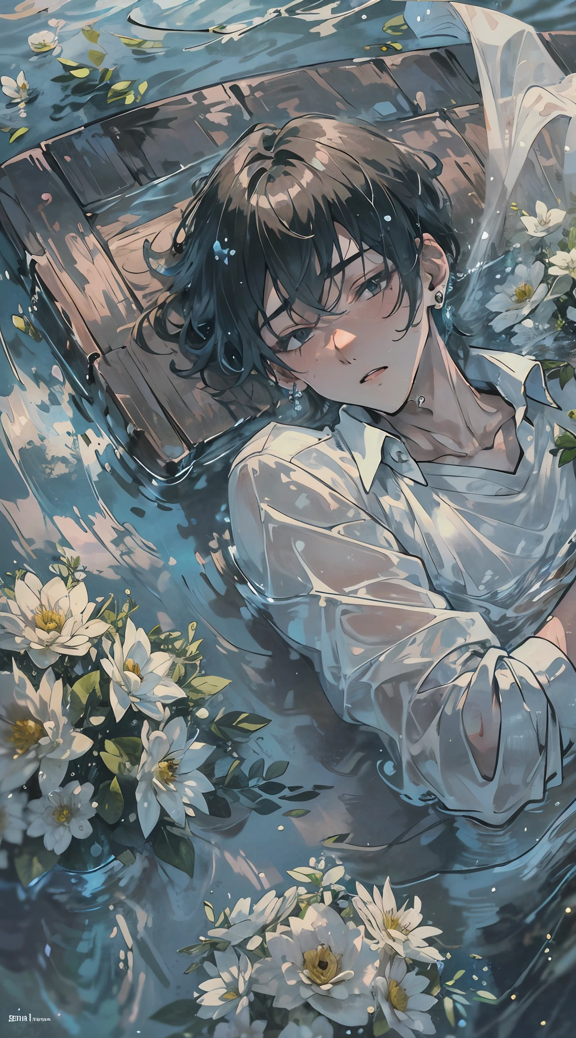 1boy, boy, teenager, young man, physically based rendering, professional lighting, extreme detail, white shirt, bouquet, cross earrings, lying on water, high brightness, refreshing, soft light, ((single))), (solo), lying down, wet, transparent shirt