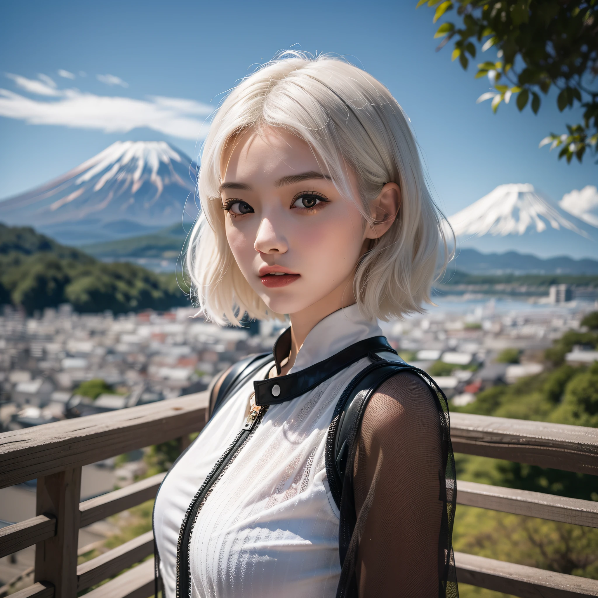 A European and American girl with short white hair and a gorgeous personality，In front of the magnificent backdrop of Mt. Fuji。