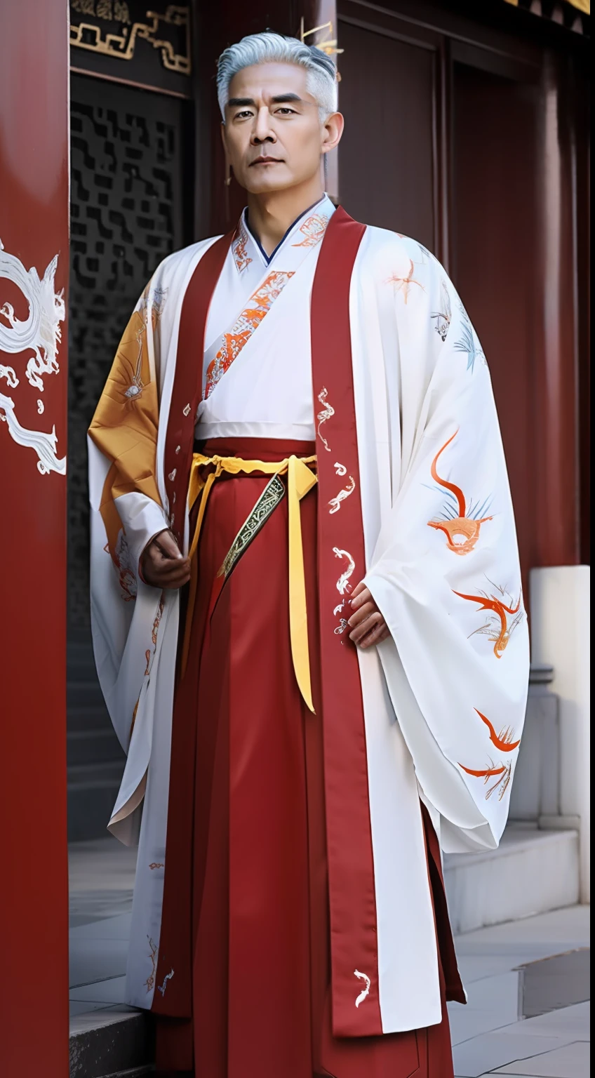 Masterpiece, Highest quality, (solofocus),, (High detail: 1.1),dojo,Yellow robe, Man, chinese crown, 1人,and white hair,超高分辨率 , Detailed background, Realistic lighting, wearing a detailed and intricate xianxia antique outfit