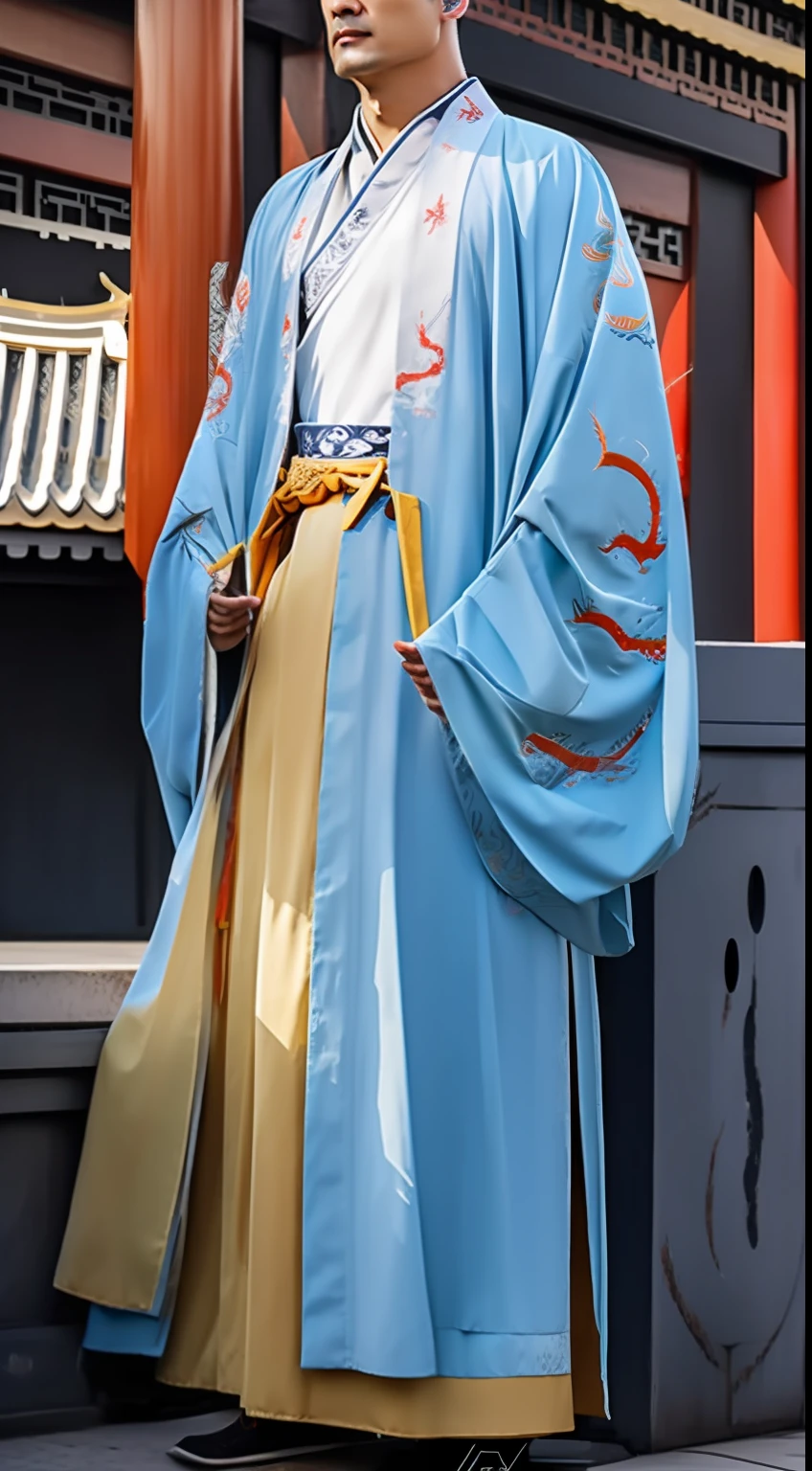 Masterpiece, Highest quality, (solofocus),, (High detail: 1.1),dojo，Yellow robe， Man, chinese crown, 1人,and white hair,超高分辨率 , Detailed background, Realistic lighting, wearing a detailed and intricate xianxia antique outfit