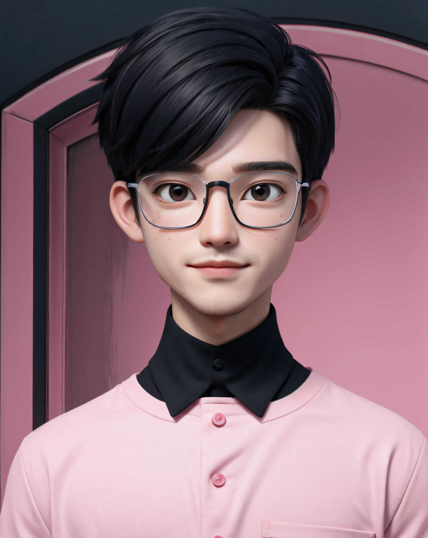 "High-quality minimalist cartoon portrait of a single male 30 years old character, simple background, He is wearing a black t-shirt, has sleek short black hair, glasses, complemented by subtle pink lips."