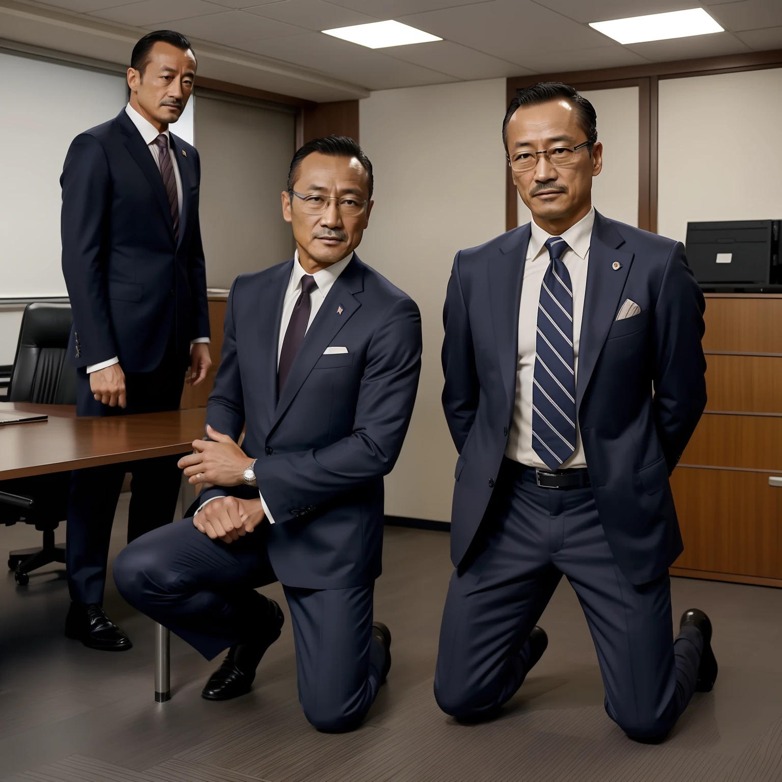 50yearsold，Hidetoshi Nakata，（Kogoro Mouri 1.3），Shirtless，Tong，Bulge，office room，black long socks，Thin，musculature，lbeard，fortitude，artwork of a，tmasterpiece，k hd，ssmile，tightsuit，Business suit，Kneeling，two guys，hand behind head