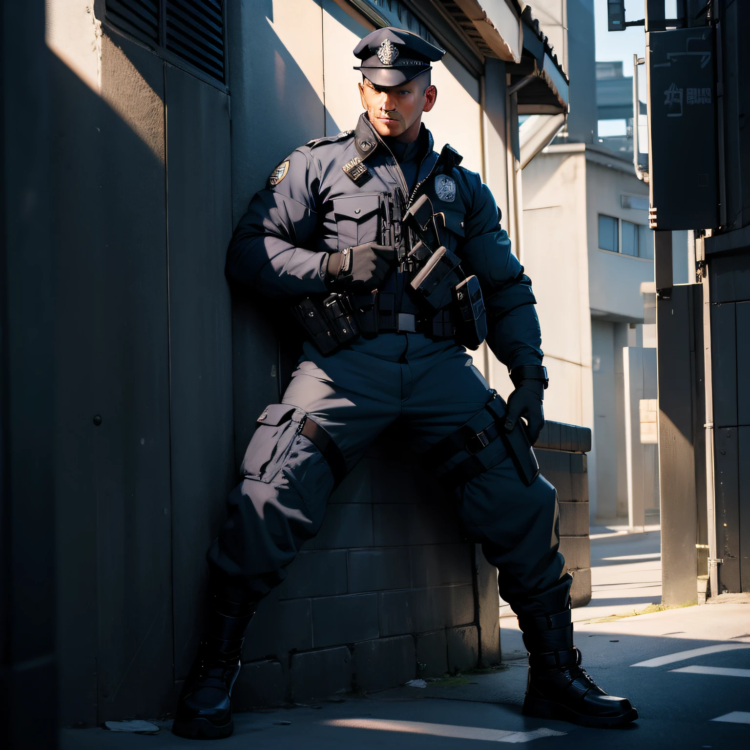 Police image style optimized version：Police uniform, Serious face, Glove in hand and truncheon,Shadows are noticeable under light，musculature，Boots，Man。