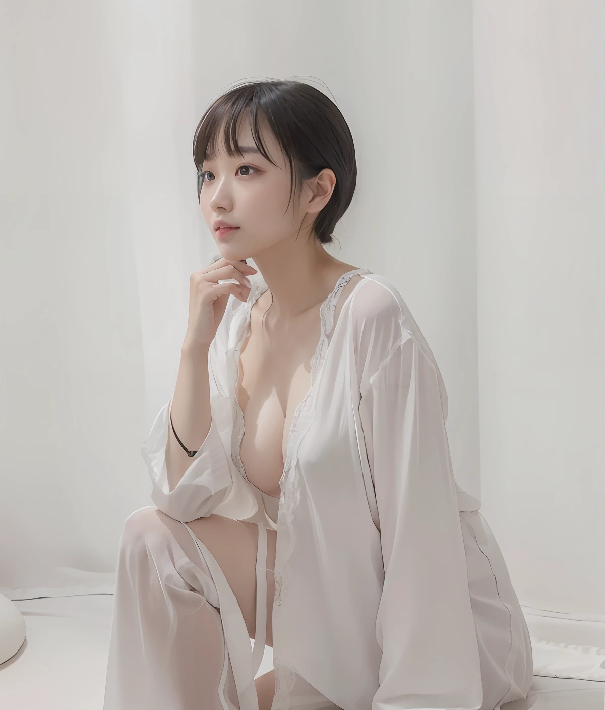 Allalin woman in white robe sitting on white floor, 奈良美智, in a kimono, Kotegawa Yui, With short hair, Shiori Teshirogi, Chiho Ashima, chiho, shikamimi, wearing a simple robe, in a kimono、masterpiece, top-quality, 8K, absurderes, , Transparent white robe, Girls like ICO Yorda、short-cut、beautiful a girl, Clean face, A hyper-realistic,authentic skin、 hight resolution, a picture, film grains, chromatic abberation, foco nítido, nffsw, face lights, Dynamic lighting, 电影灯光, Professional Shadows, highestdetailed, ighly detailed, ultra-detailliert, finely detail, authentic skin, delicated facial features, detailed faces and eyes, Sharp pupils、Realistic pupils、(Korean、japanse、Chinese:0.3)、best qualtiy、slender and beautiful body、Slim body、extremely delicate and beautiful、small tits、A highly detailed、nffsw、unification、exquisitedetails、Official art、huge filesize、ultra-detailliert、hight resolution、ighly detailed、a beautiful detailed girl、extremely detailed eye and face、Udder is small、Slender body、breasts are small、I can't even see my cleavage、Garments are not lace、Shoulders exposed、narrow and beautiful eyes、beatiful detailed eyes、Facial light、(Hanfu:1.1)、女の子 1 人、、Ears are visible、(silber hair:2.0)