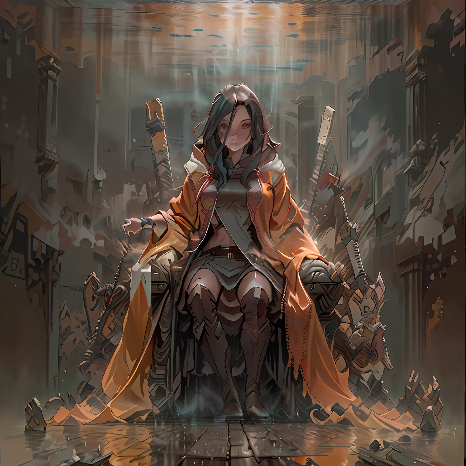 A man stands behind the throne, The image dissolves in a haze, dawning, portraite of a, Clear facial detail, A 30-year-old dark-haired woman in a raincoat sits on a huge throne,  There is a hood on his head, Arms outstretched into the sky,  in the foreground, the Sword sticks out of the floor, 真实感, higly detailed, Good clarity, fentezi, 4 КК, Warm colors