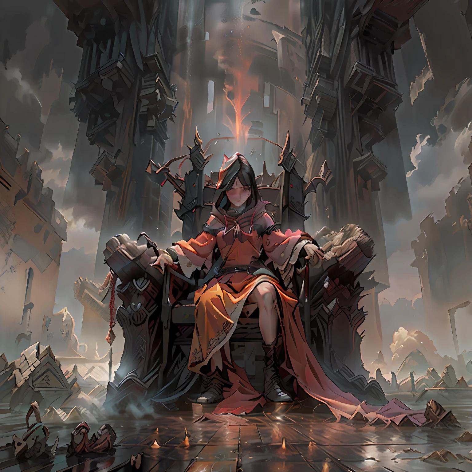 A man stands behind the throne, The image dissolves in a haze, dawning, portraite of a, Clear facial detail, A 30-year-old dark-haired woman in a raincoat sits on a huge throne,  There is a hood on his head, Arms outstretched into the sky,  in the foreground, the Sword sticks out of the floor, 真实感, higly detailed, Good clarity, fentezi, 4 КК, Warm colors