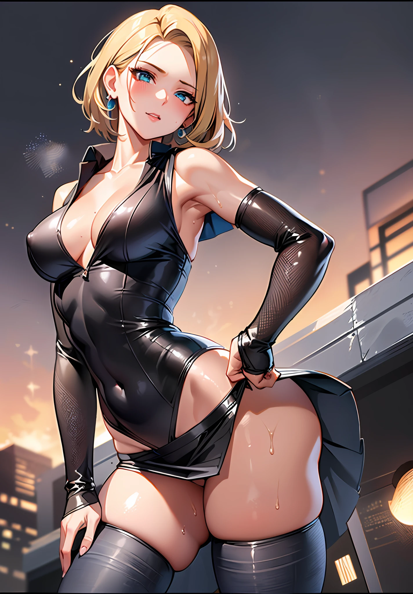 unsurpassed masterpiece, ультрареалистичная 8k CG, perfect artwork, (1girl: 1.1), 独奏, ((perfect female figure)), (NSFW), looking a viewer, Mature woman, Bimbo (android 18) standingn, (Tantalizing), beste-Qualit: 1.1, seductive position, sexypose, seductive, (nice ass), (Curvy), (Thick), hair light, (Cyan eyes: 1.2), Short Hair Hair, earings, Ornaments, denim vest, open vest, black tights, black undershirt, jeans skirt, striped long sleeves,  Blue skirt, Toned legs, neat, (Abs: 1,1), (big butt: 1,4), peach ass, (sports body: 1,2), (big breastes: 1,3, (big_pectorals: 1,1), Wide_thights:1,5, Narrow waist, small waist: 1,5, shapely body: 1,2, thick-thighs: 1,3), (sparkly skin: 1,2), (HDR), (Street: 1,2), film photography Nikon D850 camera lens Kodak Portra 400 f1.6, saturated colors, lifelike texture,  dramatic  lighting, unreal-engine, Trending on ArtStation, gerald brom, by Frank Frazetta, by Luis Royo, by Julie Bell, by boris vallejo, steam, Sex, Erotica, trembling, the sweat