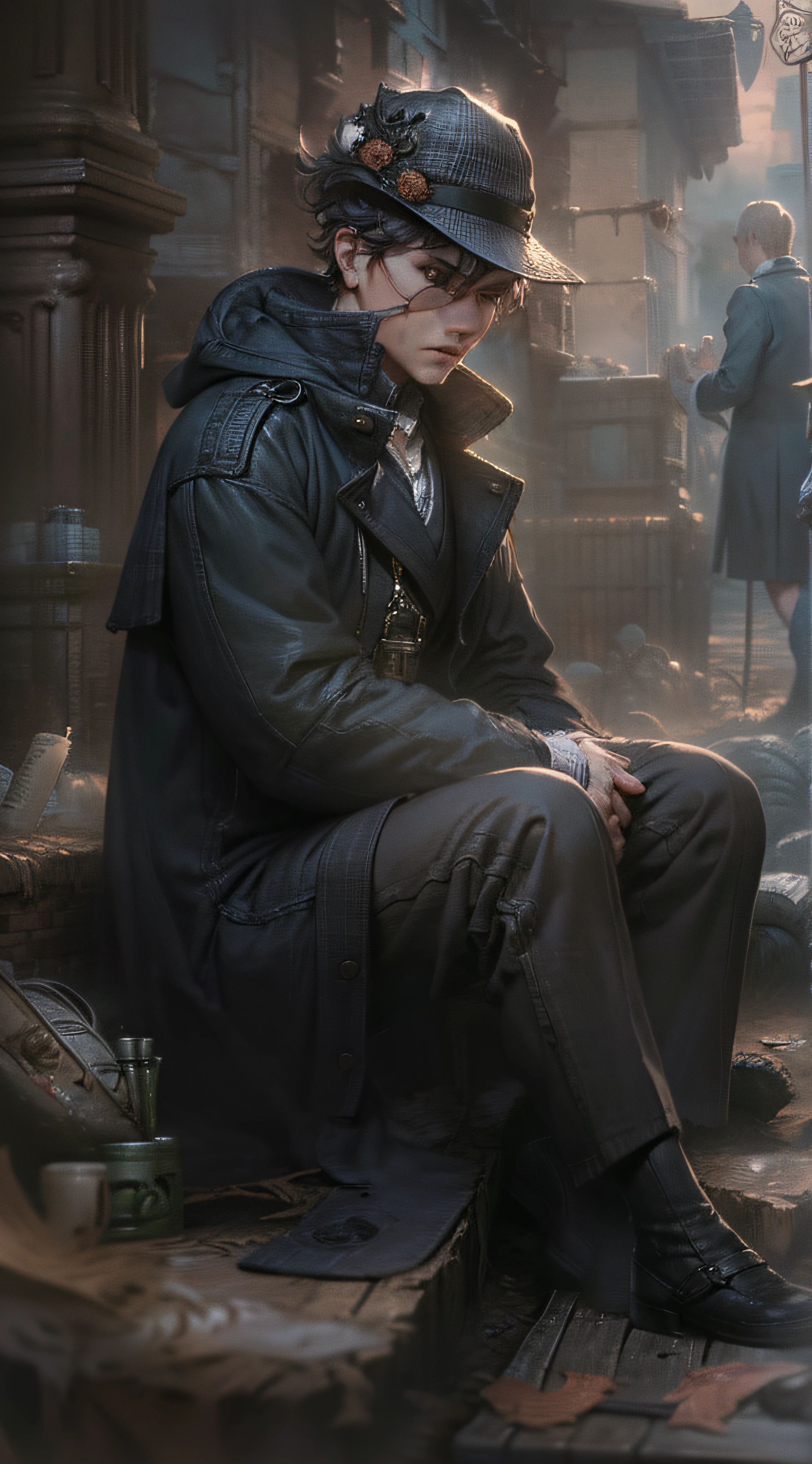 masterpiece、Melancholy young man、Poor figure、tense look、fine lines、Young man in withered black suit、1a person々youthfulness、Landscape with rusty shades、20Century London、Sherlock Holmes & The city of London where John Watson played an active role、Victorian、RAW photo of a landscape、detaile、Photorealsitic、hyper realistic photography、8K UHD、Digital SLR、Soft lighting、hightquality、film grains、FujifilmXT3、(masterpiece)、Human perspective、People's eye level、masterpiece、top-quality、Highly elaborate CG Unity 8K wallpapers、an oil painting、awardwinning photo、Bokeh、depth of fields、nffsw、bloom、chromatic abberation、Photorealsitic、Very detailed、art stations、Trending on CGSociety、Convoluted、high details、Dramatic、Volumetric lighting、artwork in the style of guweiz, guweiz masterpiece, guweiz on pixiv artstation, guweiz, guweiz on artstation pixiv, by Yang J, in the art style of bowater, loish and wlop