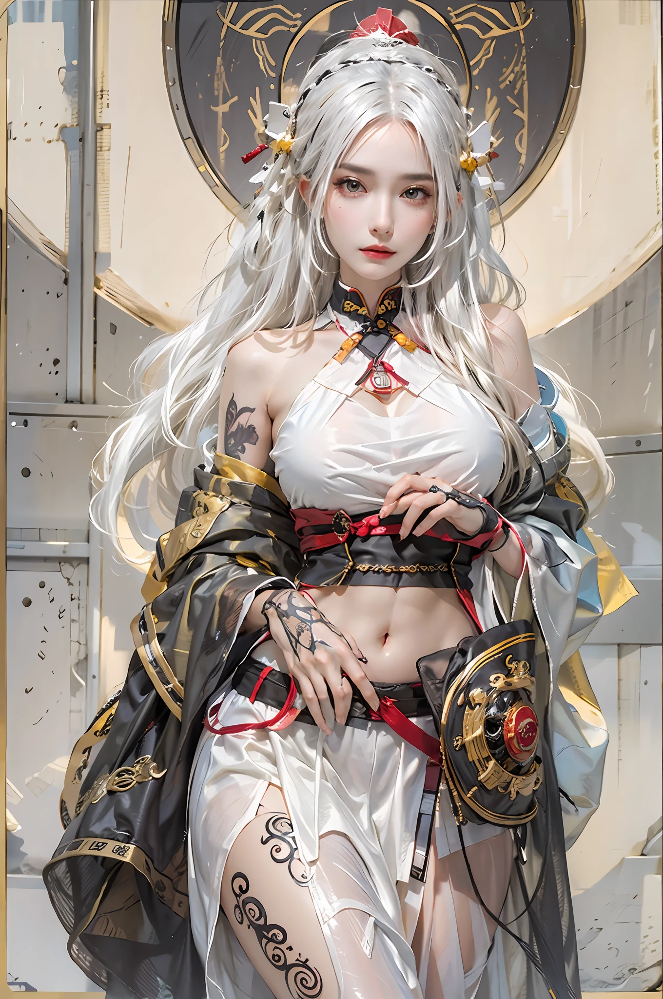 photorealistic, high resolution, 1women, solo, hips up, look at viewer, (detailed face), white hair, long hair, medium breasts, one tattoo on crotch, taoist