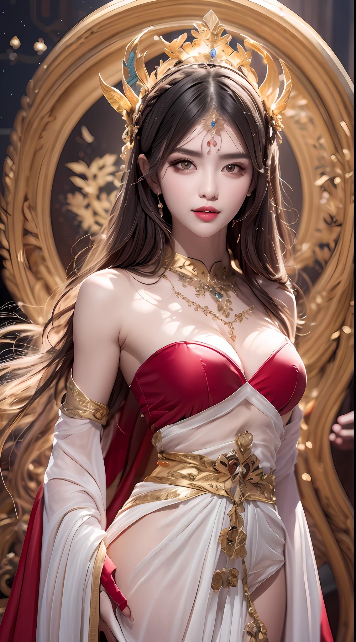 Portrait of a young 20-year-old saint, a saint with a beautiful and super cute face,Wearing a thin red dress with gold edging and glittering and sexy, Ao dai is studded with small sparkling pearls, beautiful cute face, Ao dai with a deep slit in the chest and attractive black and white lace trim, beautiful face without blemishes, Lovely smile, ((7-color hair length:1.2)), big crown, hair brooch, hanfu dress, chinese ancient style, full body jewelry, forehead tattoo, The female saint's breasts are round and very full, breast augmentation, innocent face, The most beautiful and detailed light red lipstick, ((Thin plump lips:0.3)), ((Golden eyes:1.2)), The eyes are delicately decorated,(white and detailed) cinematic, light and dark, dramatic lighting, magical light, extremely detailed light, true color, super sharp, realistic, 8k quality, fantasy universe background, saints and magical space, the most detailed images, Solo, a saintess, ((looking directly at the saint's upper body:0.4)), ((smooth skin:0.5)), Extremely detailed pixels, super true, extremely detailed and complex graphics, the highest resolution,