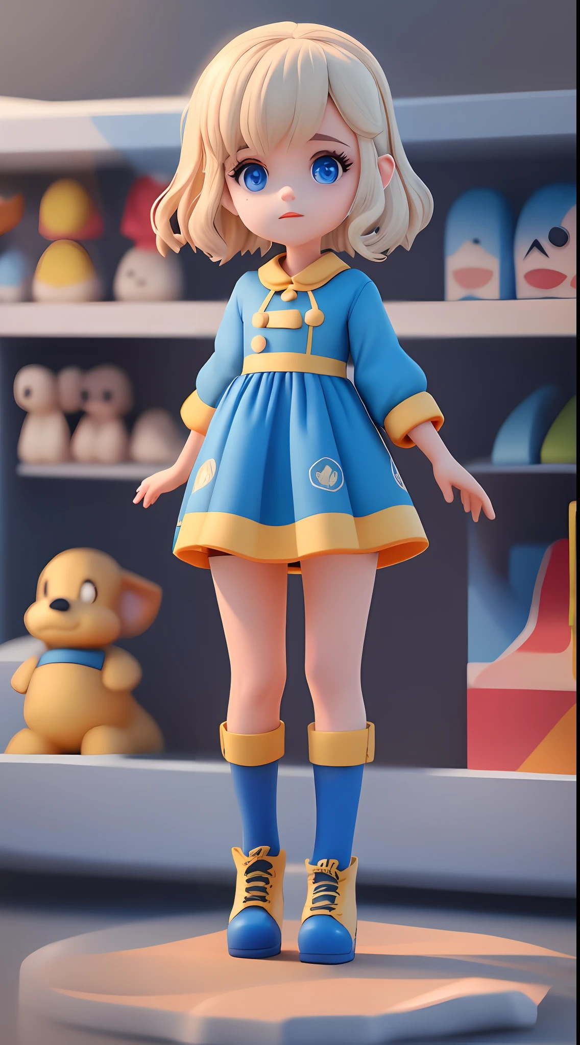 uma super bonito, usando um vestido azul, usando botas, grandes olhos lacrimejantes, corpo inteiro, olhando para o espectador, cabelo loiro, hands open, MD roupas, rugas de roupa, fundo limpo, sonhado, pop mart, alto detalhe, hiper qualidade, cor brilhante, mockup brinquedo caixa cega, estilo disney, brilho fino, render 3D, oc render, melhor qualidade, brilhante, frontlighting, face shot, brilho fino, ultra detoiled, 8k,