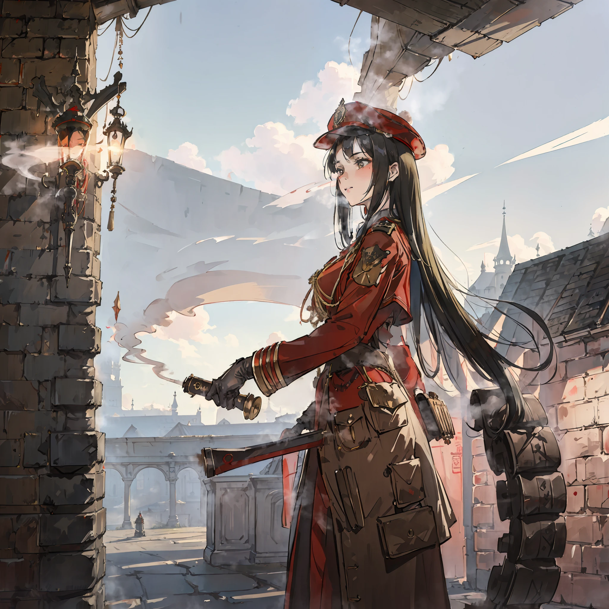 In a dieselpunk world. A very pretty young female soldier from the British army, wearing a big hat and a red suit with many buttons and several medals. She carries a strange steam rifle. She is doing a patrol on a large cobblestone street with large buildings. The light is somewhat poor because of excessive smoke.