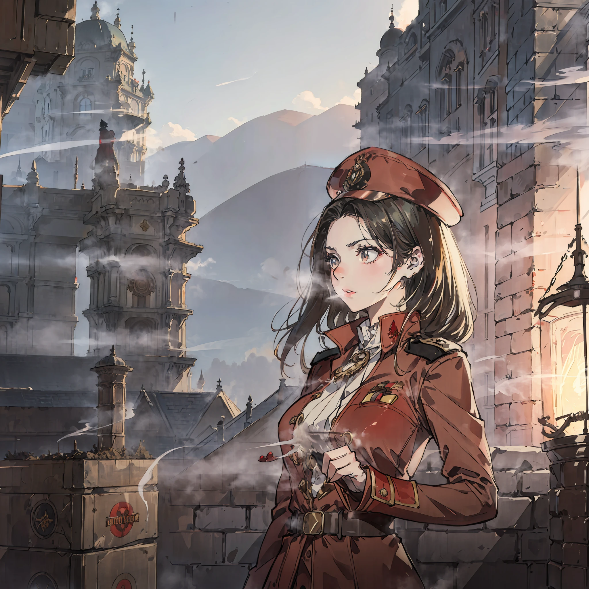 In a dieselpunk world. A very pretty young female soldier from the British army, wearing a big hat and a red suit with many buttons and several medals. She carries a strange steam rifle. She is doing a patrol on a large cobblestone street with large buildings. The light is somewhat poor because of excessive smoke.