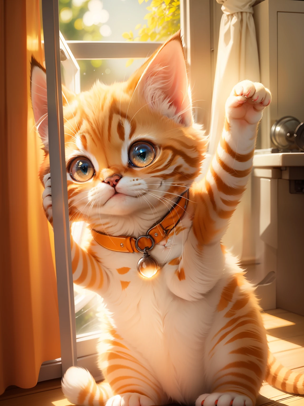 Orange kitten,ssmile,Raise one front paw,The light from the back window is backlighted,The edges glow