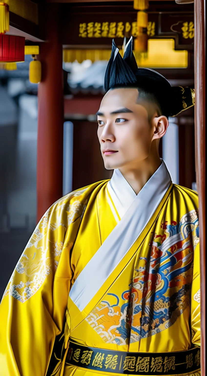 Masterpiece, Highest quality, (solofocus),, (High detail: 1.1),dojo，Yellow robe， Man, chinese crown, 1人,and white hair,超高分辨率 , Detailed background, Realistic lighting, wearing a detailed and intricate xianxia antique outfit