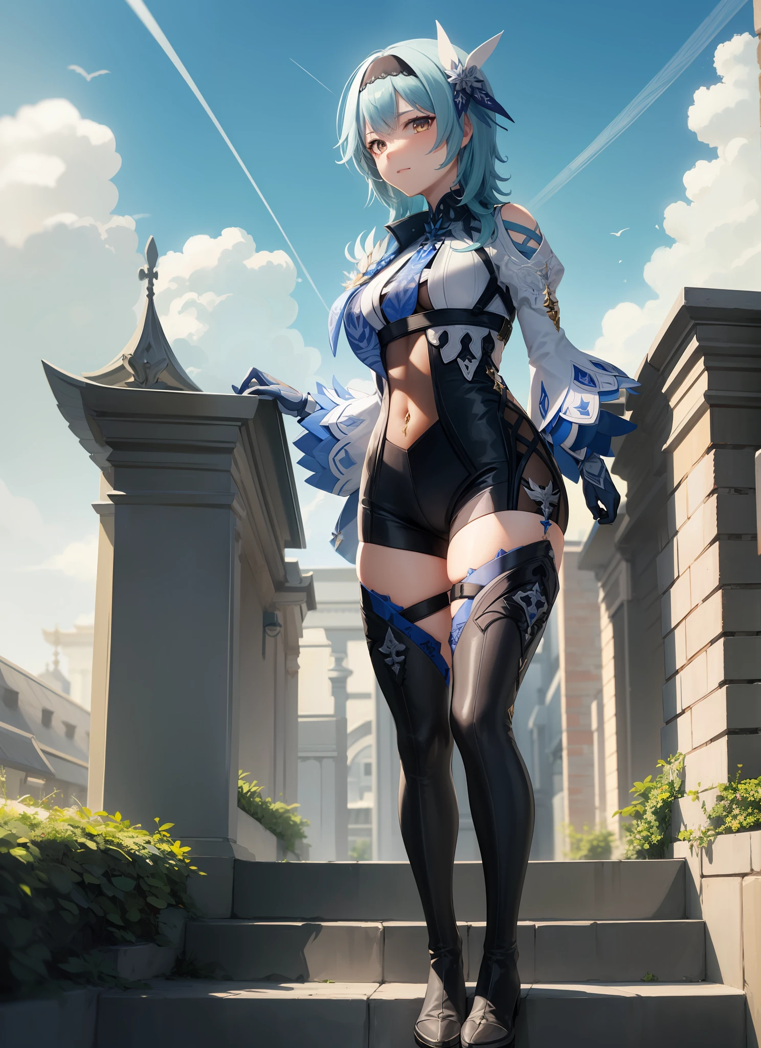 euladef, upper body, tsundere, outdoors, day, temple background, blue sky, short hair, looking at viewer, stairs, mody lighting,masterpiece, best quality