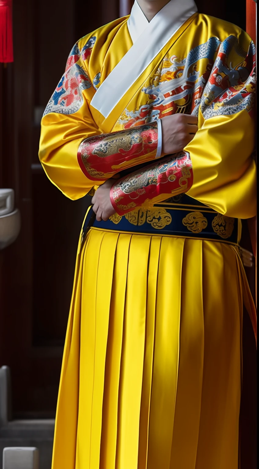 Masterpiece, Highest quality, (solofocus),, (High detail: 1.1),dojo，Yellow robe， Man, chinese crown, 1人,and white hair,超高分辨率 , Detailed background, Realistic lighting, wearing a detailed and intricate xianxia antique outfit